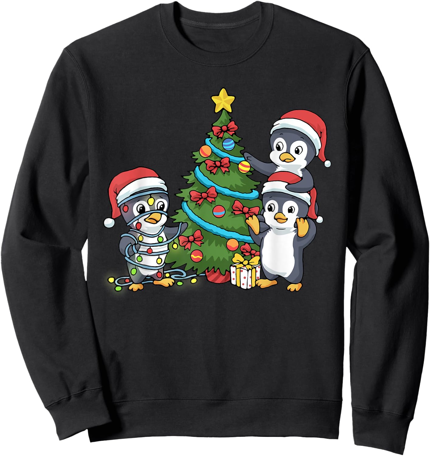 Kids Christmas Penguin Christmas Tree Lights Baubles Sweatshirt - Sweatshirt | Black