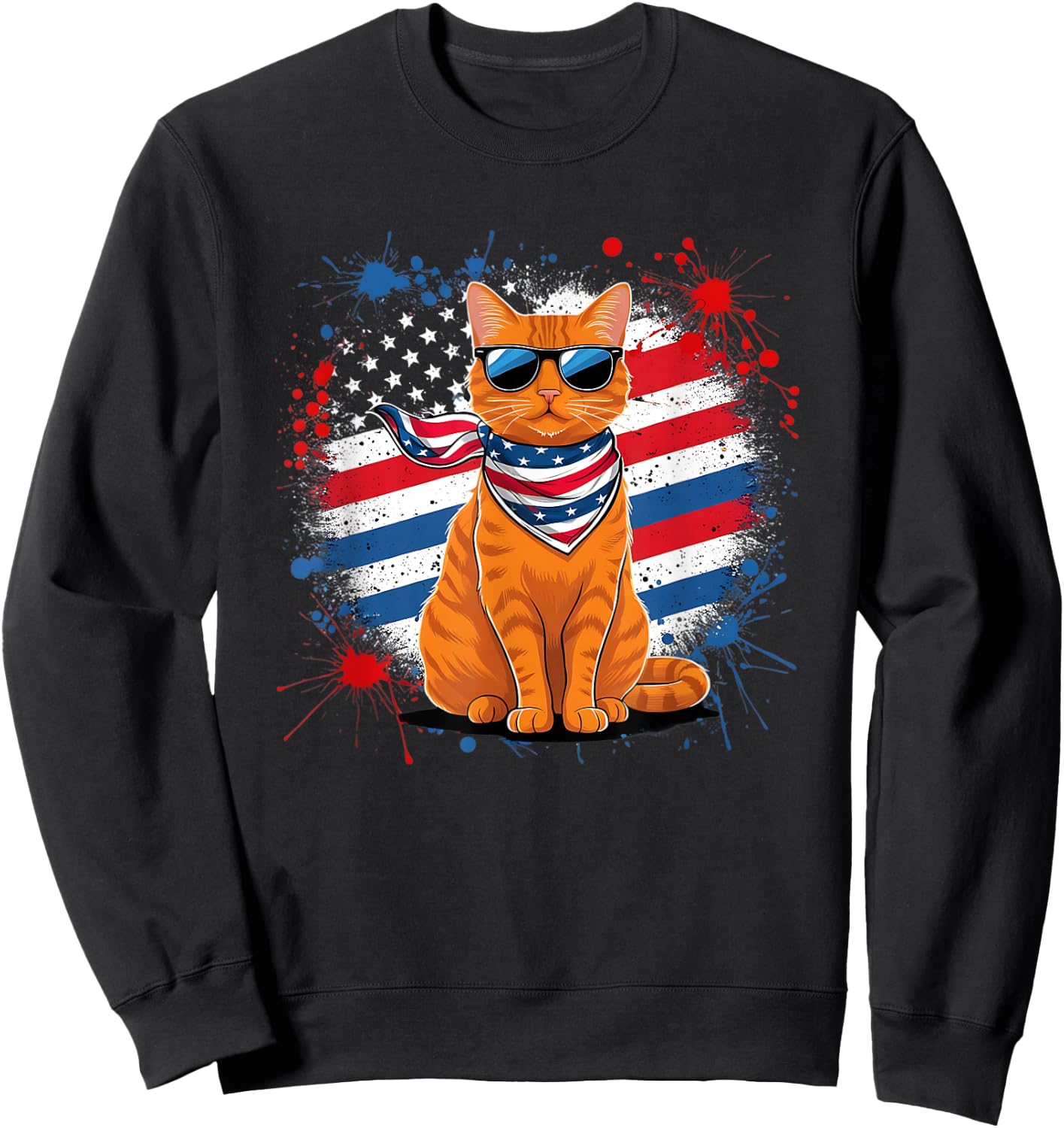 Funny Vintage Orange Tabby Cat Sunglasses Scarf USA Flag Sweatshirt - Sweatshirt | Black