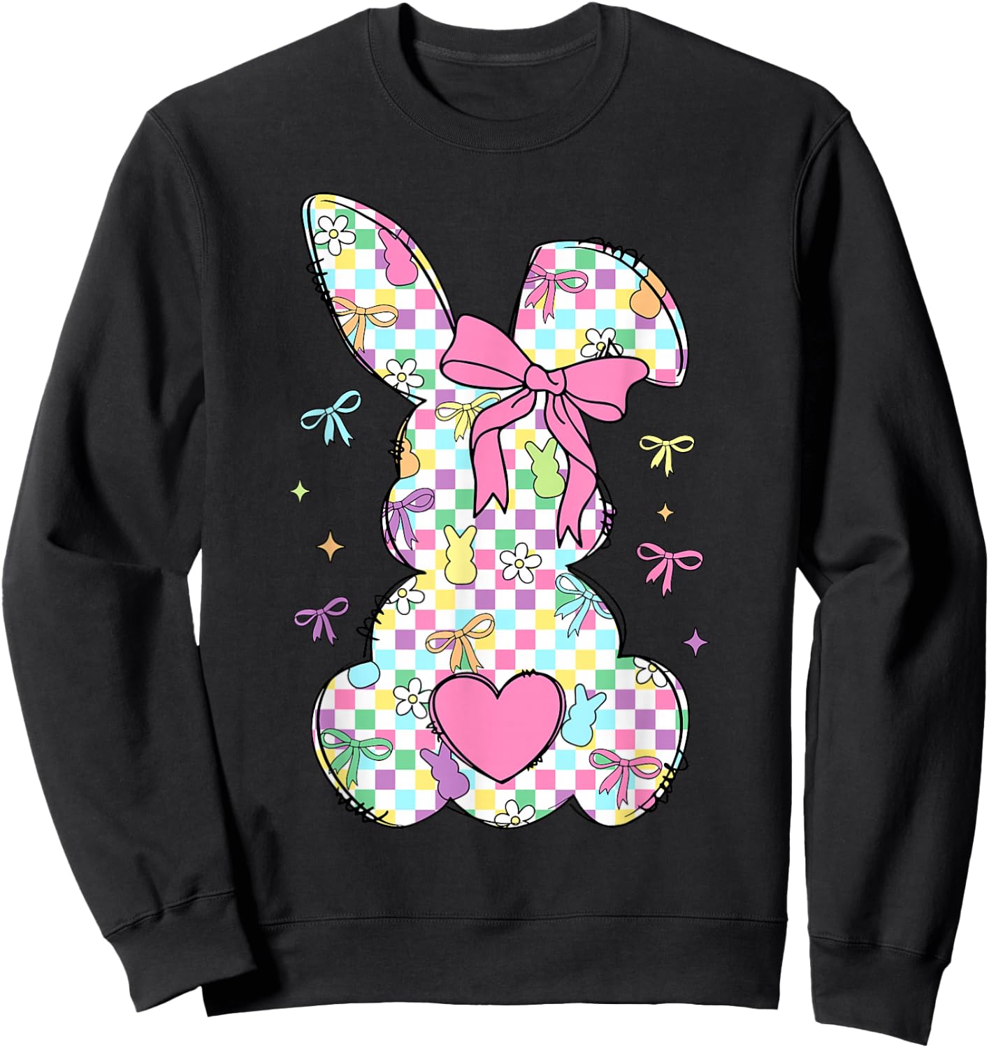 Happy Easter Day Bunny Rabbit With Cute Bow Coquette Kids Sweatshirt - Sweatshirt | Black