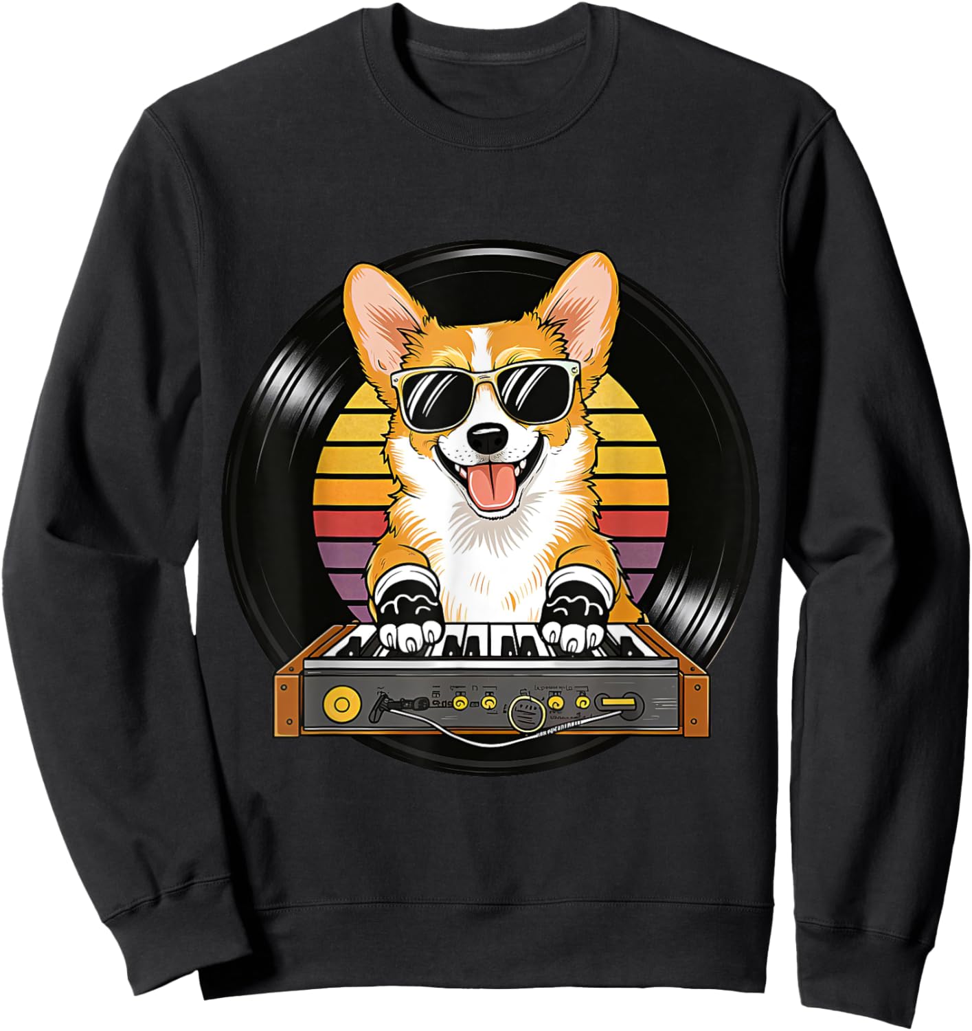 Funny Cute Corgi Synthesizer Dog Lover Playing Music Retro Sweatshirt - Sweatshirt | Black