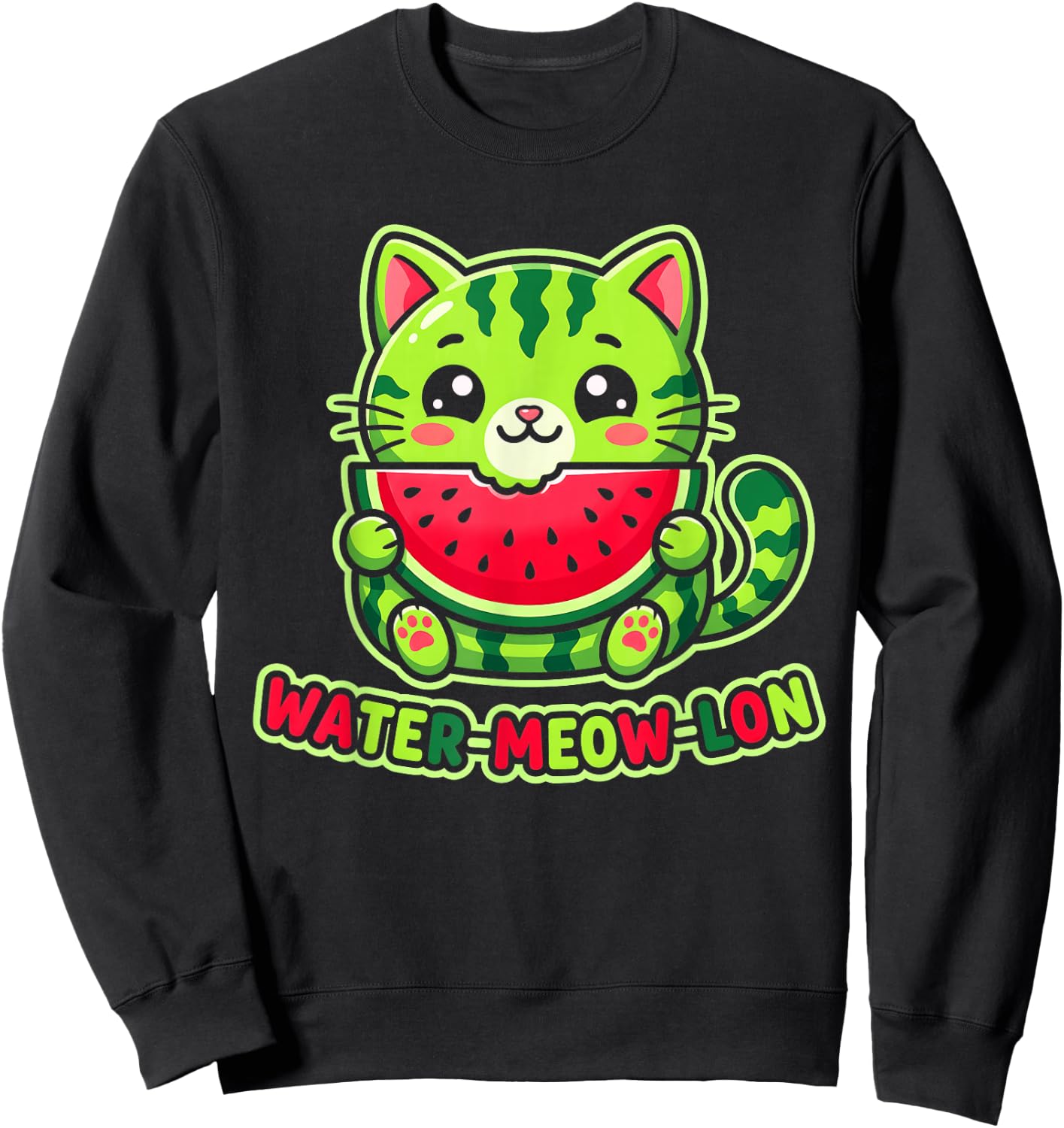 Cute Water-Meow-lon Watermelon Cat Summer Vacation Kids Girl Sweatshirt - Sweatshirt | Black