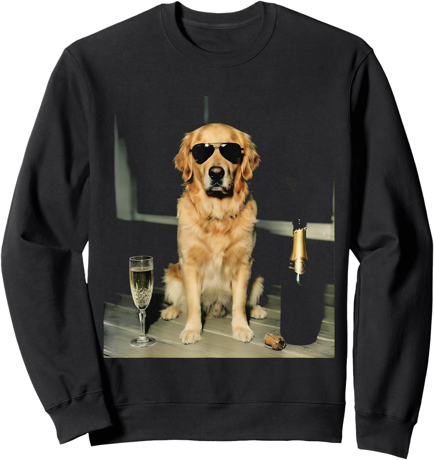 Golden Retriever Drinking Champagne Funny Dog Sunglasses Sweatshirt - Sweatshirt | Black