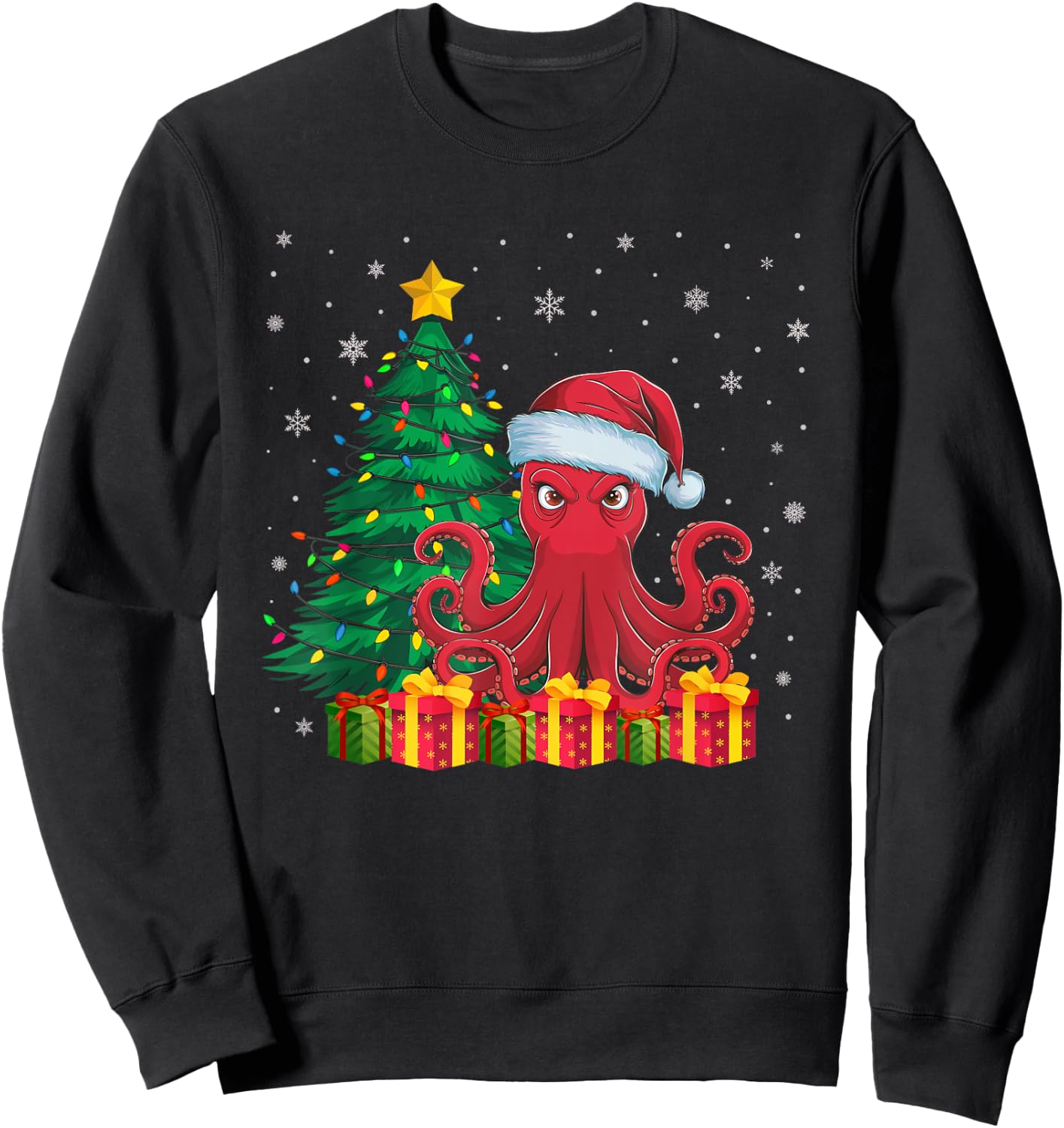 Ugly Octopus Santa Hat Christmas Tree Lights Pajama Sweatshirt - Sweatshirt | Black