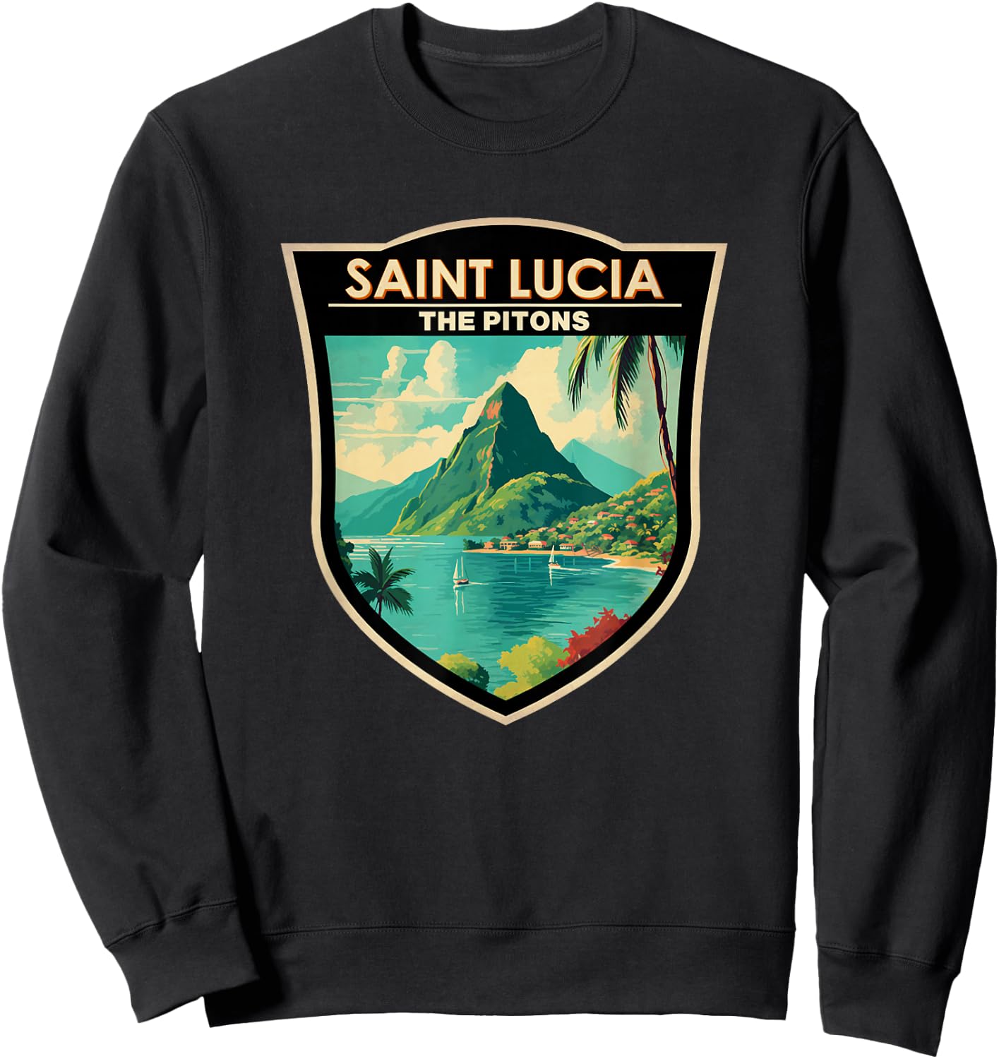 Saint Lucia The Pitons Travel Art Landmark Badge Vintage Sweatshirt - Sweatshirt | Black