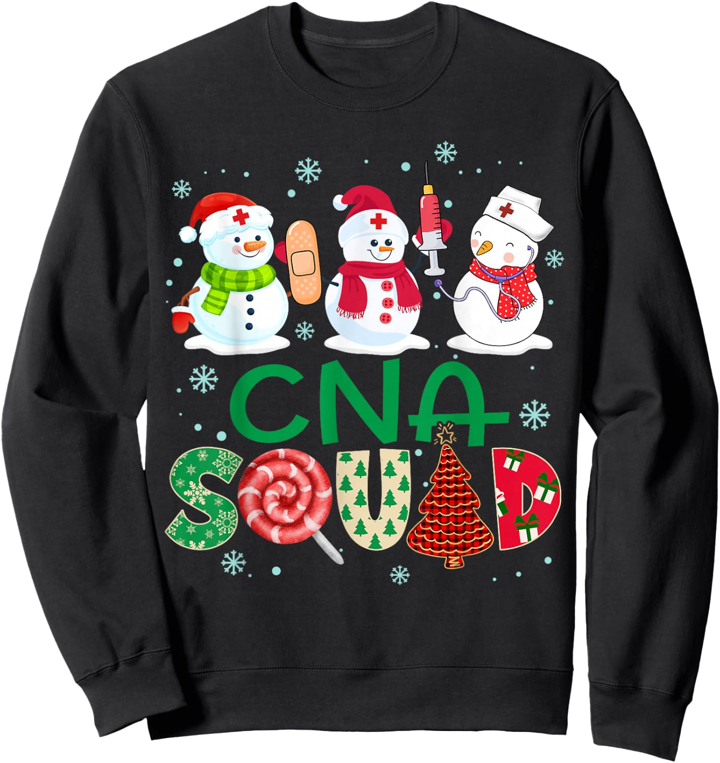 CNA Squad Nurse Snowmies Stethoscope Christmas Pine Plaid Sweatshirt - Sweatshirt | Black