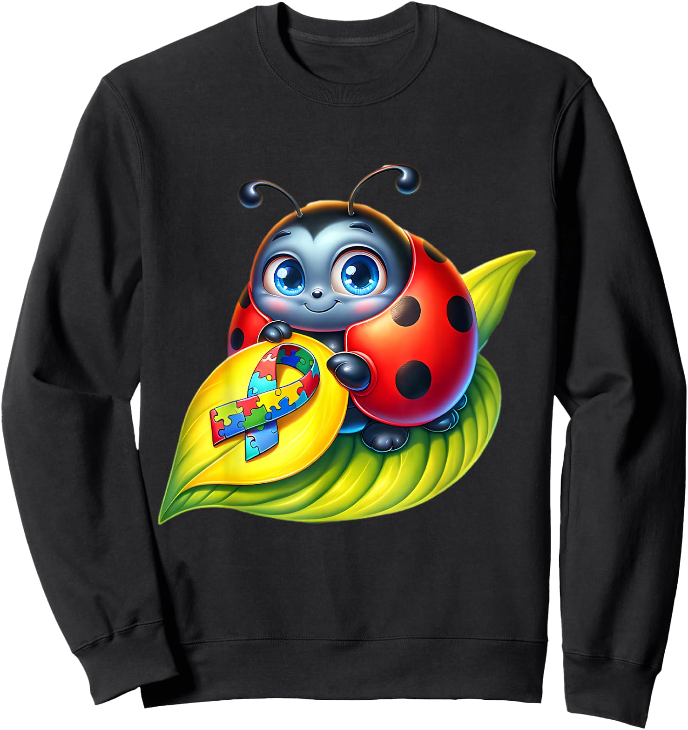 Autism Awareness Cute Ladybug Yellow Red Blue Bug Ribbon Sweatshirt - Sweatshirt | Black