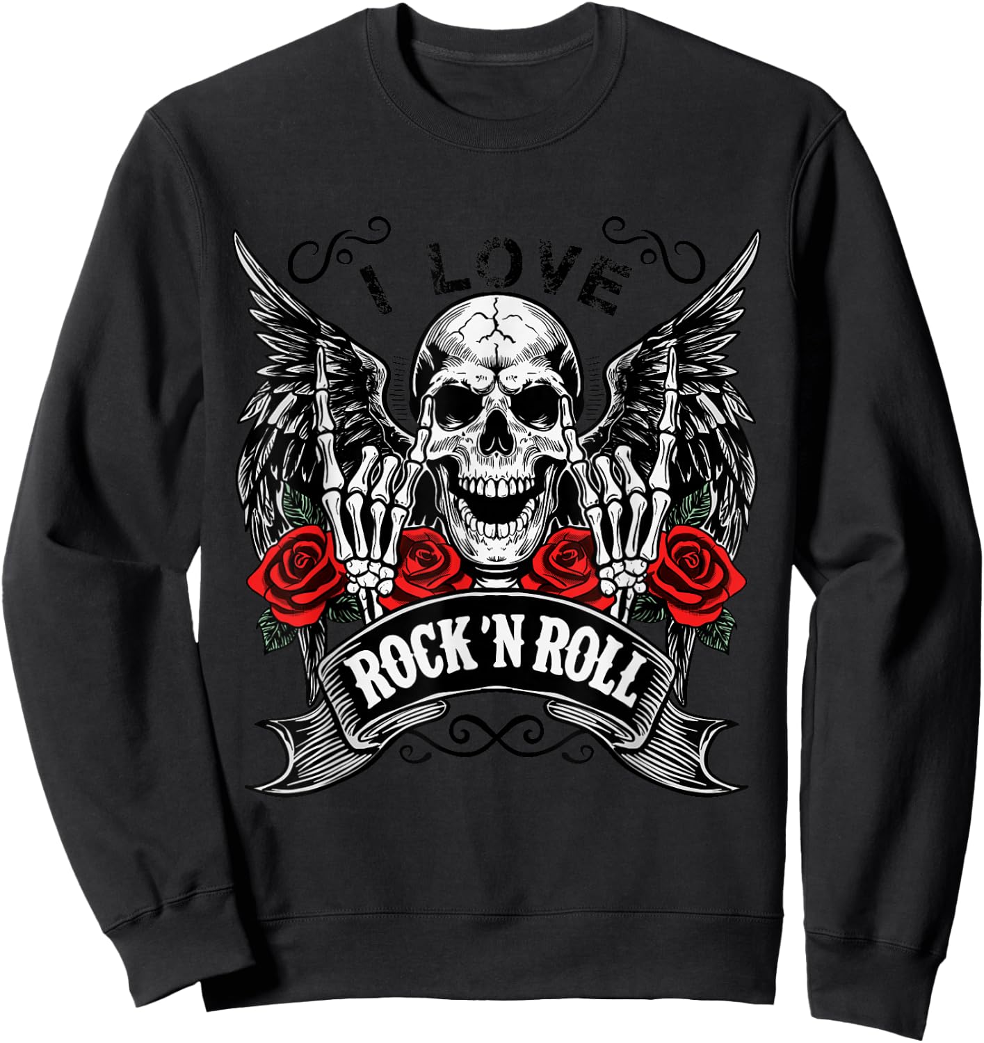 I Love Rock and Roll Rock & Roll Vintage Retro Skeleton Hands Sweatshirt - Sweatshirt | Black