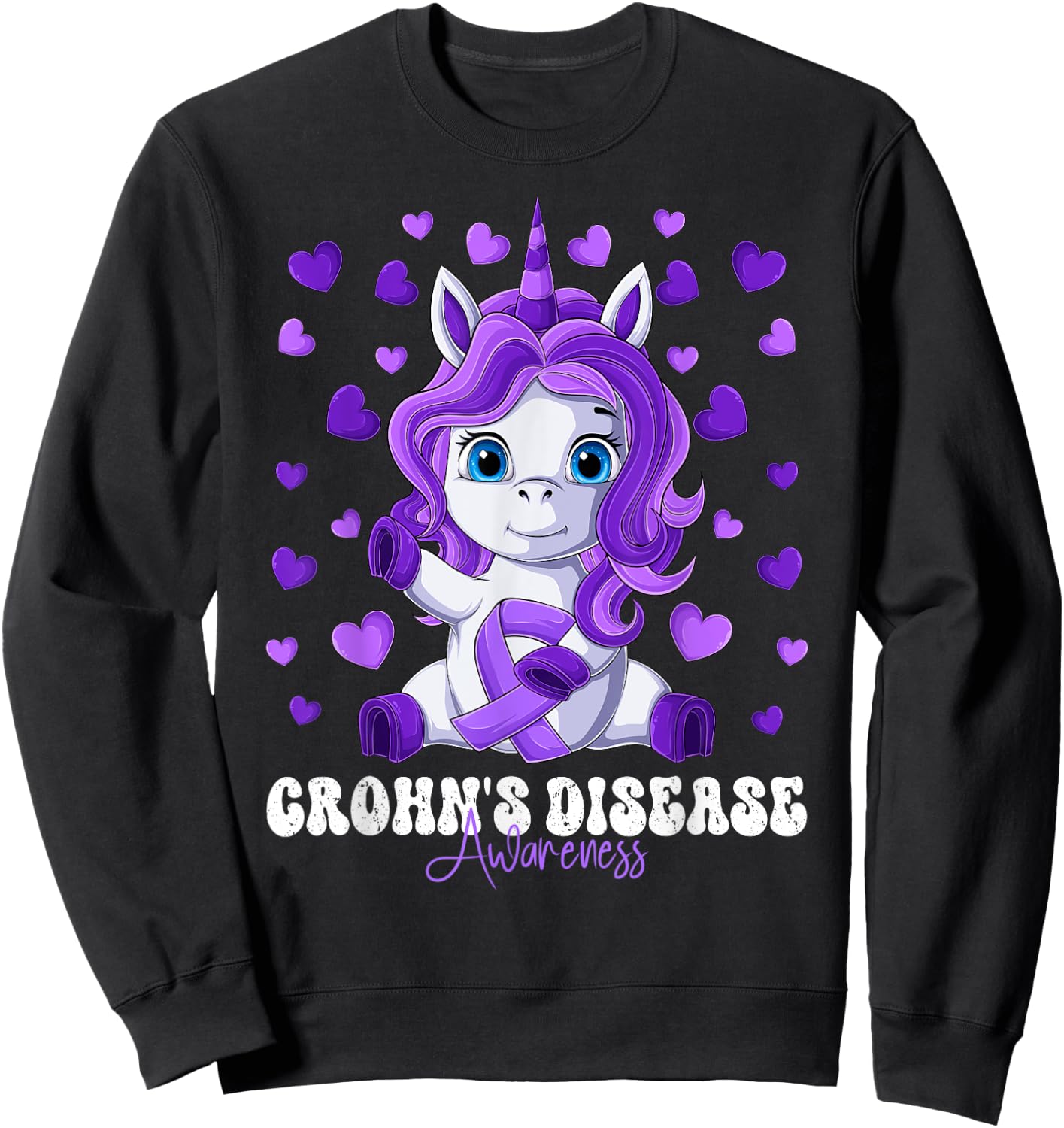 Crohn's Disease Awareness Month Purple Ribbon Unicorn Sweatshirt - Sweatshirt | Black