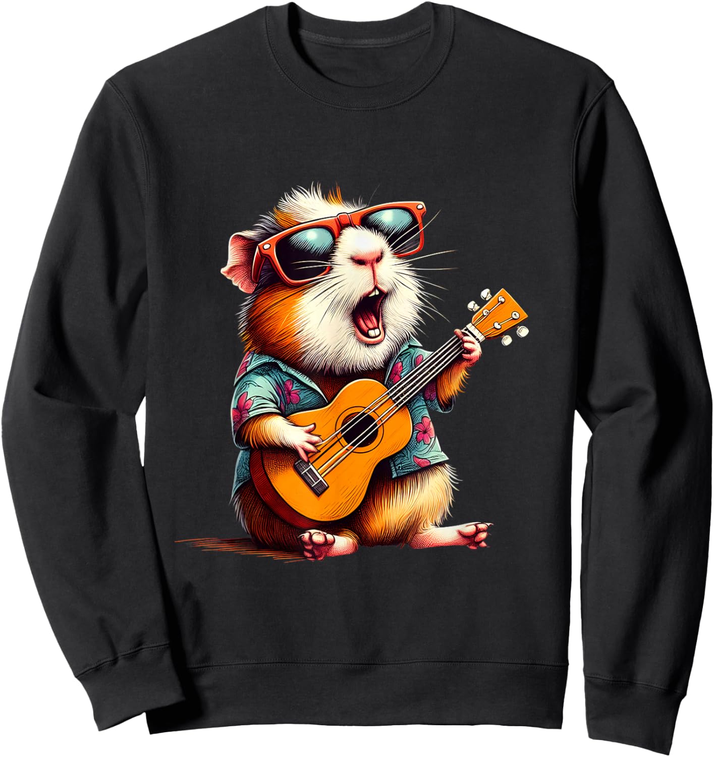Guinea Pig Wearing a Hawaiian Shirt, Playing a Ukulele Sweatshirt - Sweatshirt | Black