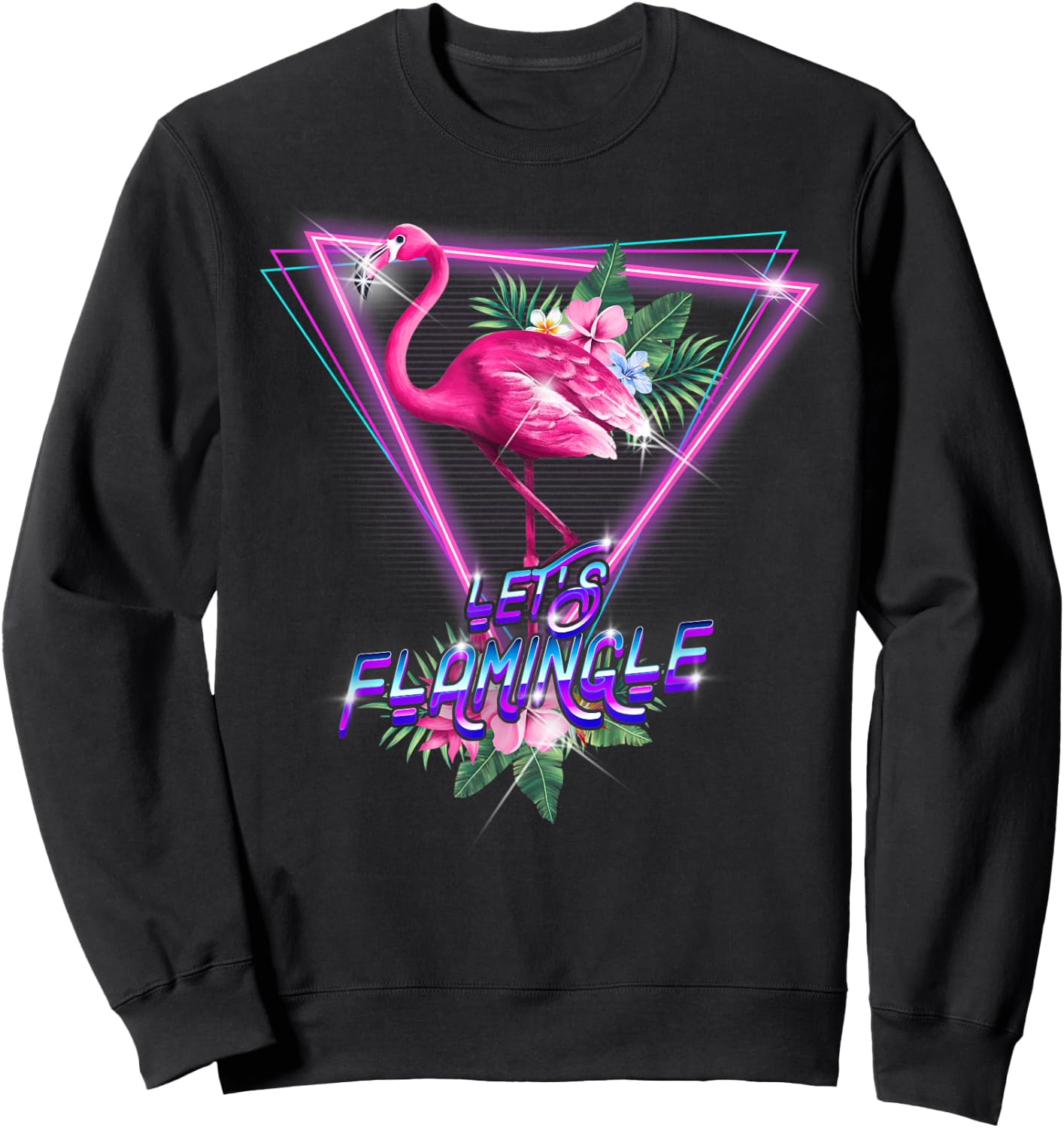 Retro 80s Botanical Tropical Leaf Flowers Let's Flamingle Sweatshirt - Sweatshirt | Black
