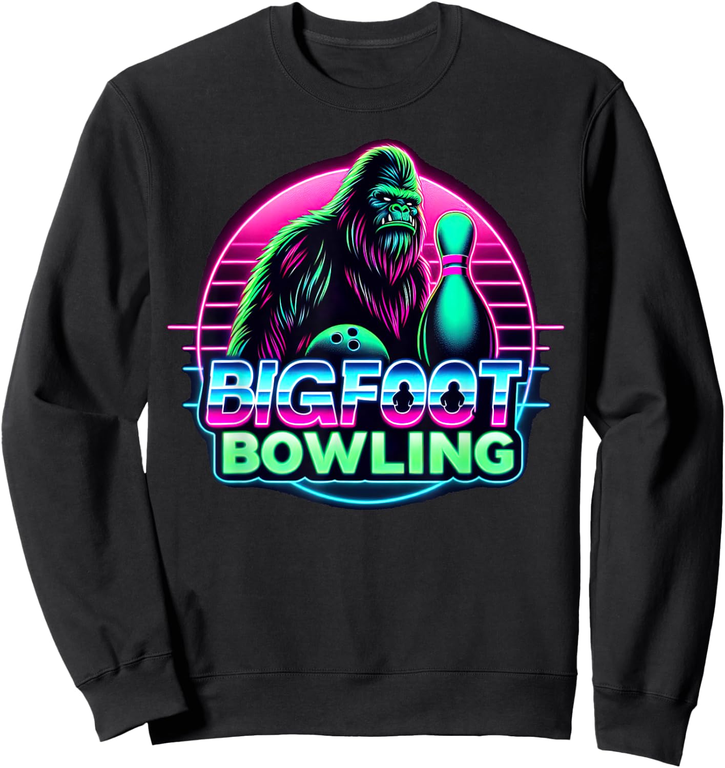 Bigfoot Bowling Funny Sasquatch Bowler Alley Pin Graphic Sweatshirt - Sweatshirt | Black
