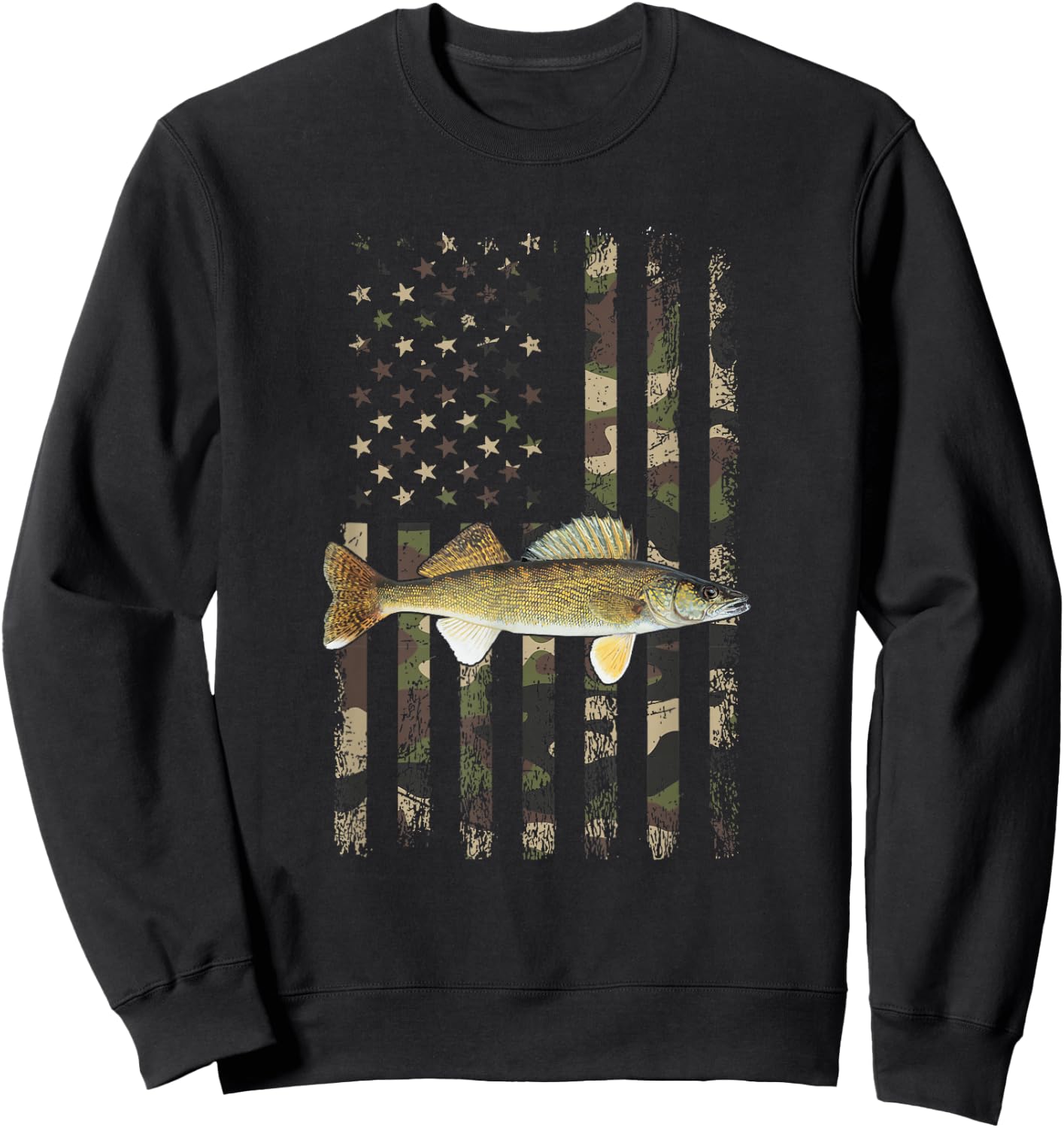 Walleye Camo American Flag, Fishing Walleye Sweatshirt - Sweatshirt | Black