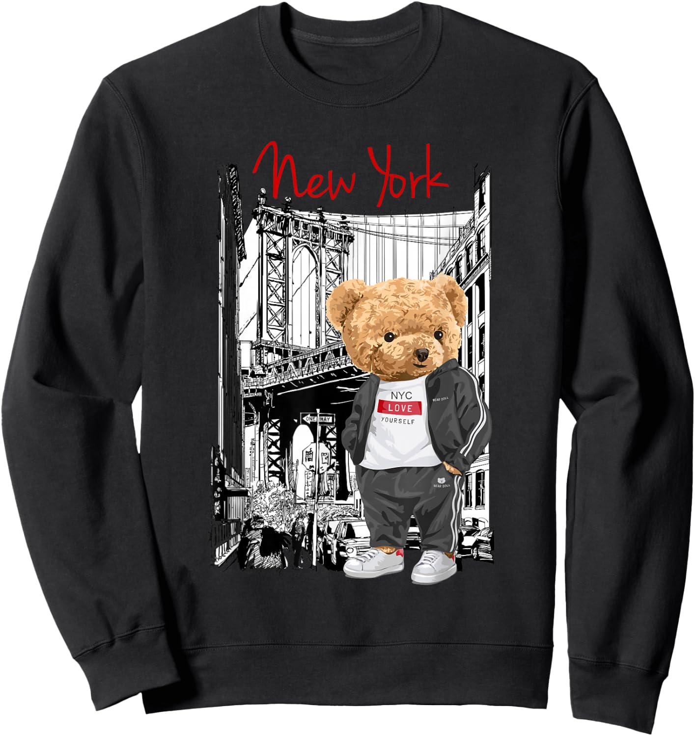 Cool New York City Teddy Bear Illustration Graphic Designs , Black, S Sweatshirt - Sweatshirt | Black
