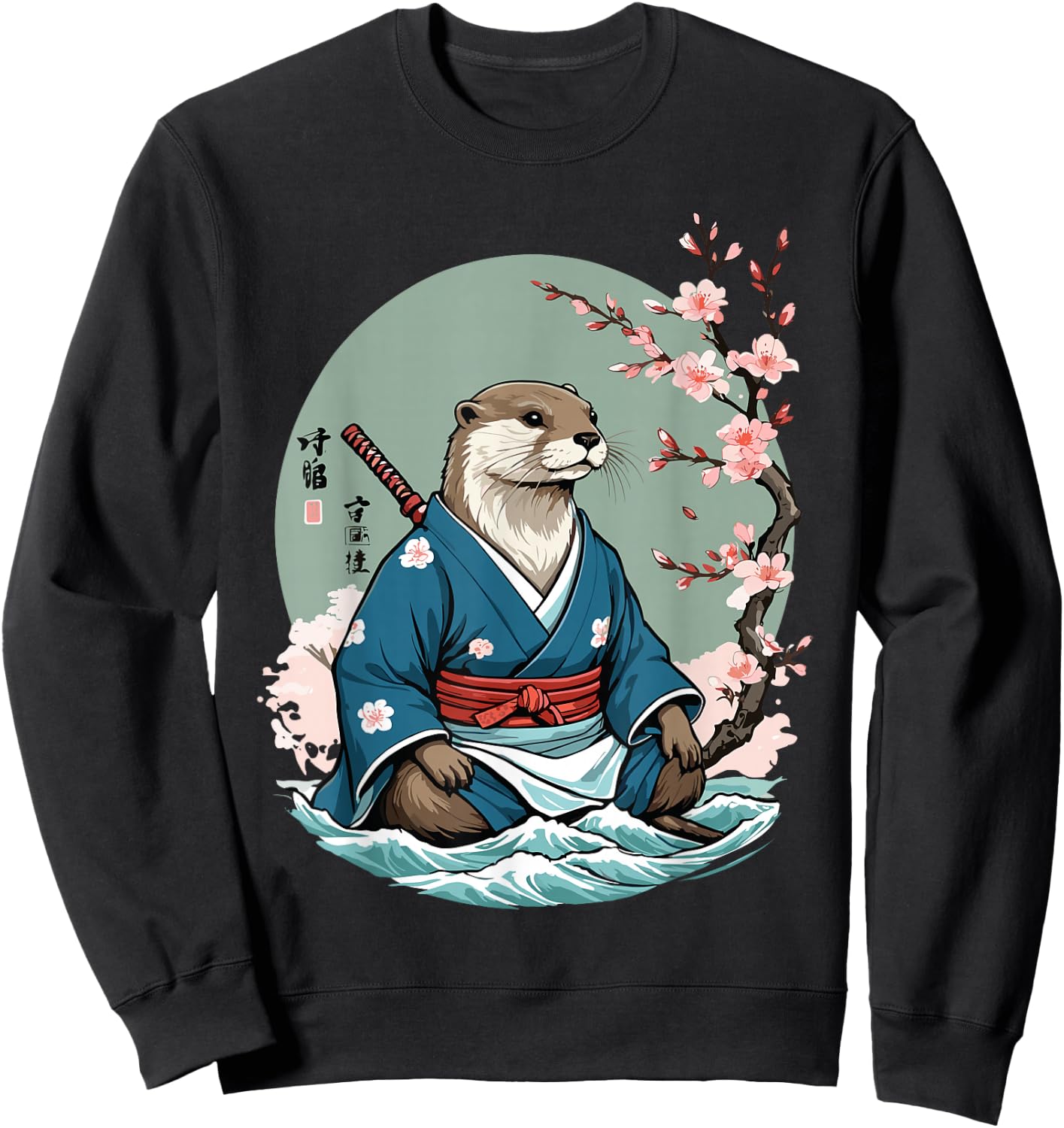 Aesthetic Otter Samurai in Water Funny Vintage Japan Sweatshirt - Sweatshirt | Black