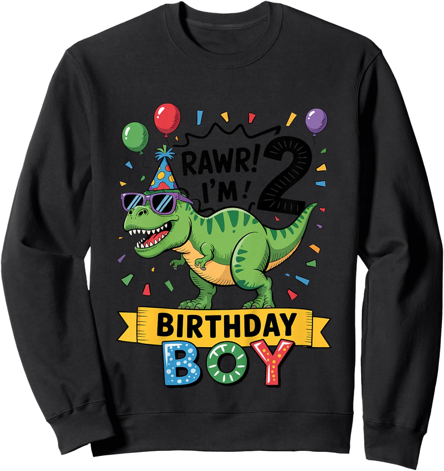 Kids 2nd Birthday Boy Dinosaur T-Rex Rawr I'm Two Years Old Sweatshirt - Sweatshirt | Black