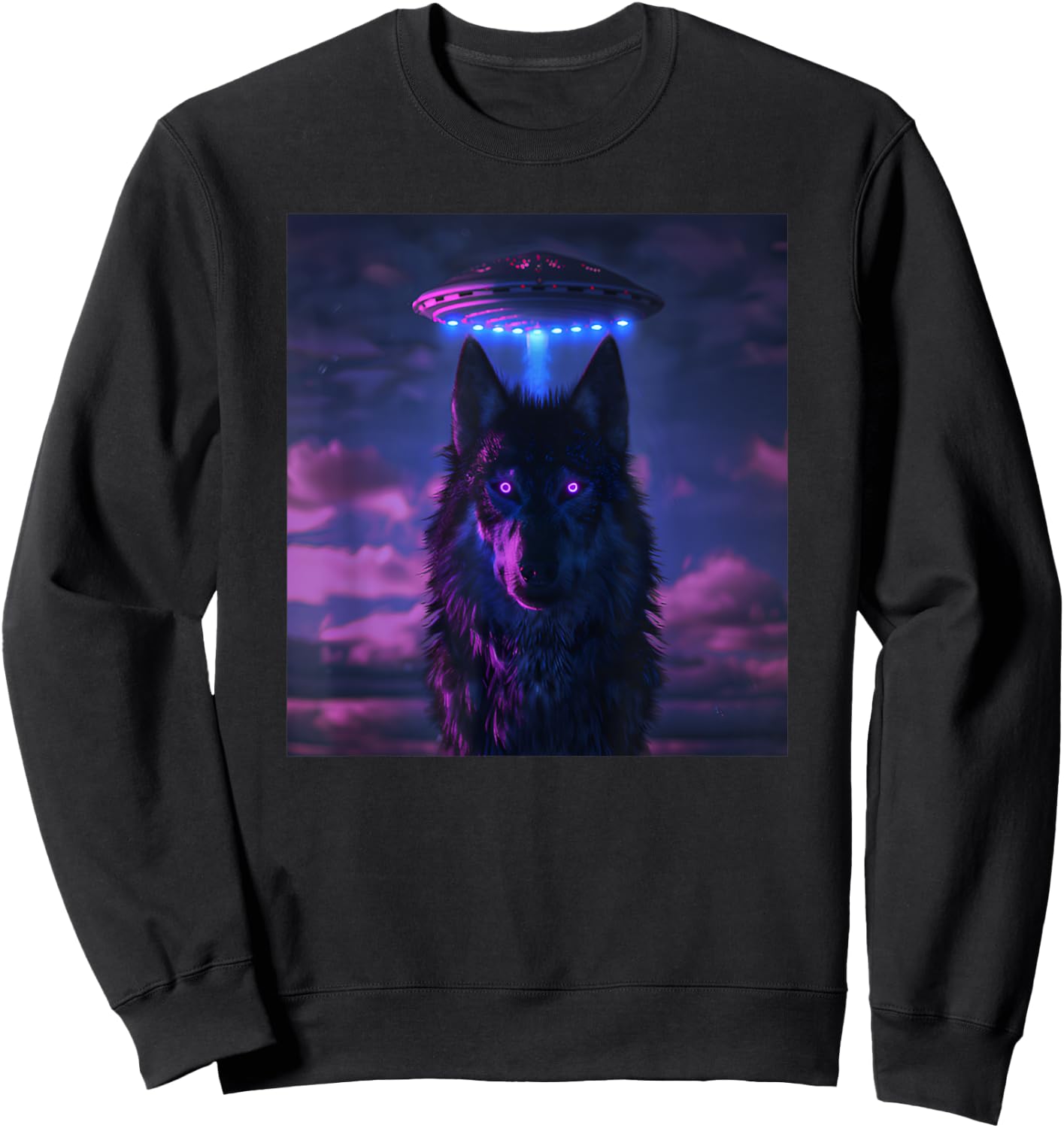 Wolf Selfie with UFO in Nature Women Outdoor Animal Sweatshirt - Sweatshirt | Black