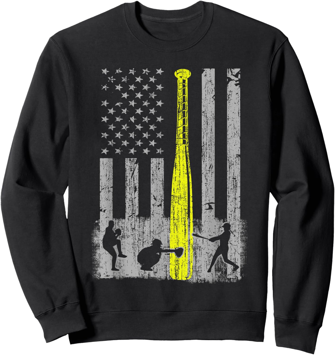 Vintage Softball American Flag Patriotic Sports 4th of July Sweatshirt - Sweatshirt | Black