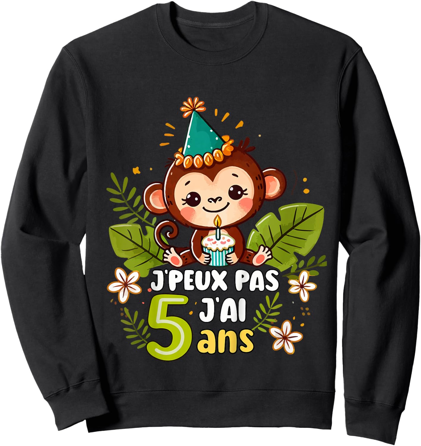 Child Je Peux Pas J'ai 5 Years Birthday Jungle Monkey Boy Green , Blue, 2 Sweatshirt - Sweatshirt | Black