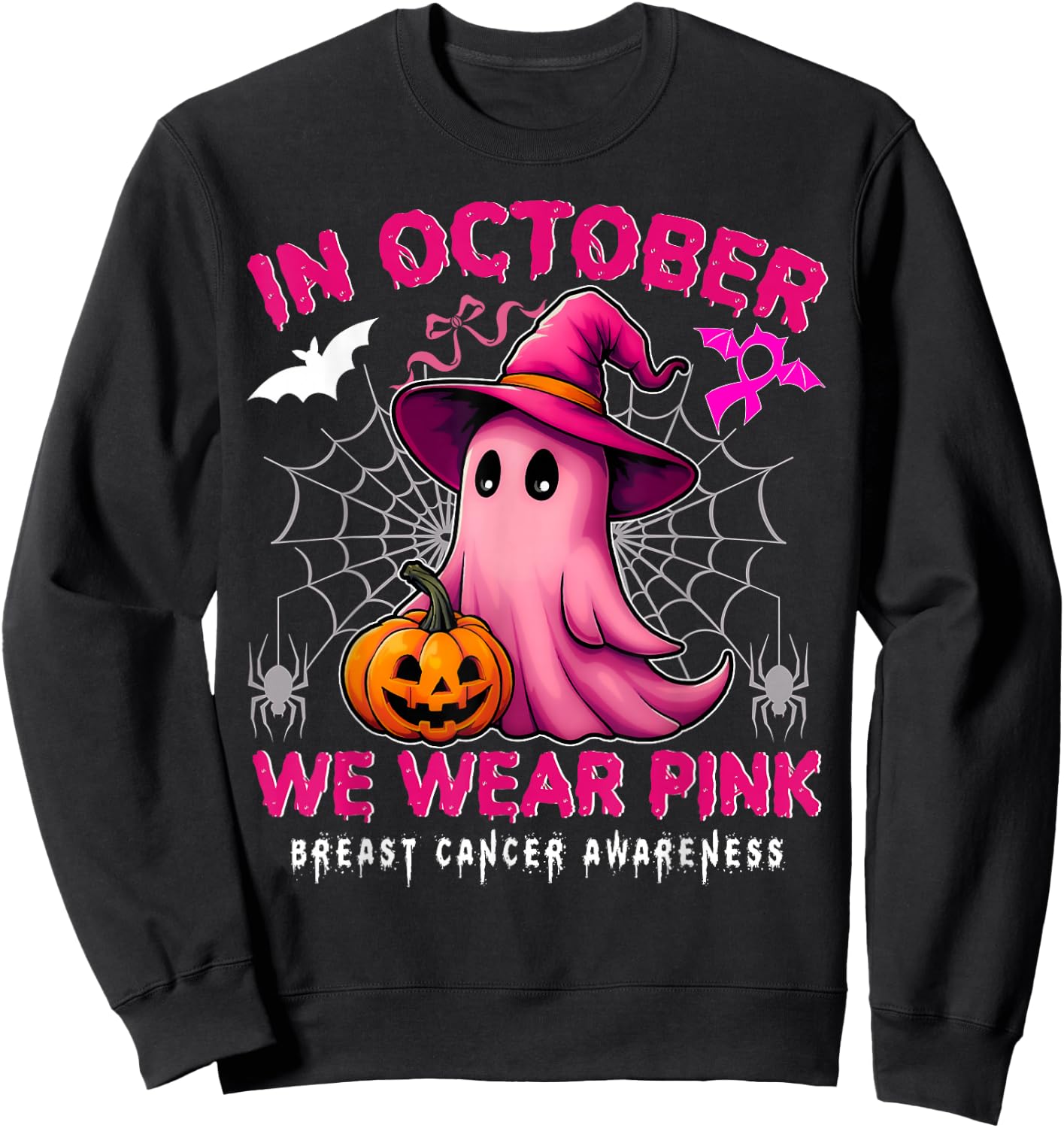 In October We Wear Pink Breast Cancer Awareness Halloween Sweatshirt - Sweatshirt | Black