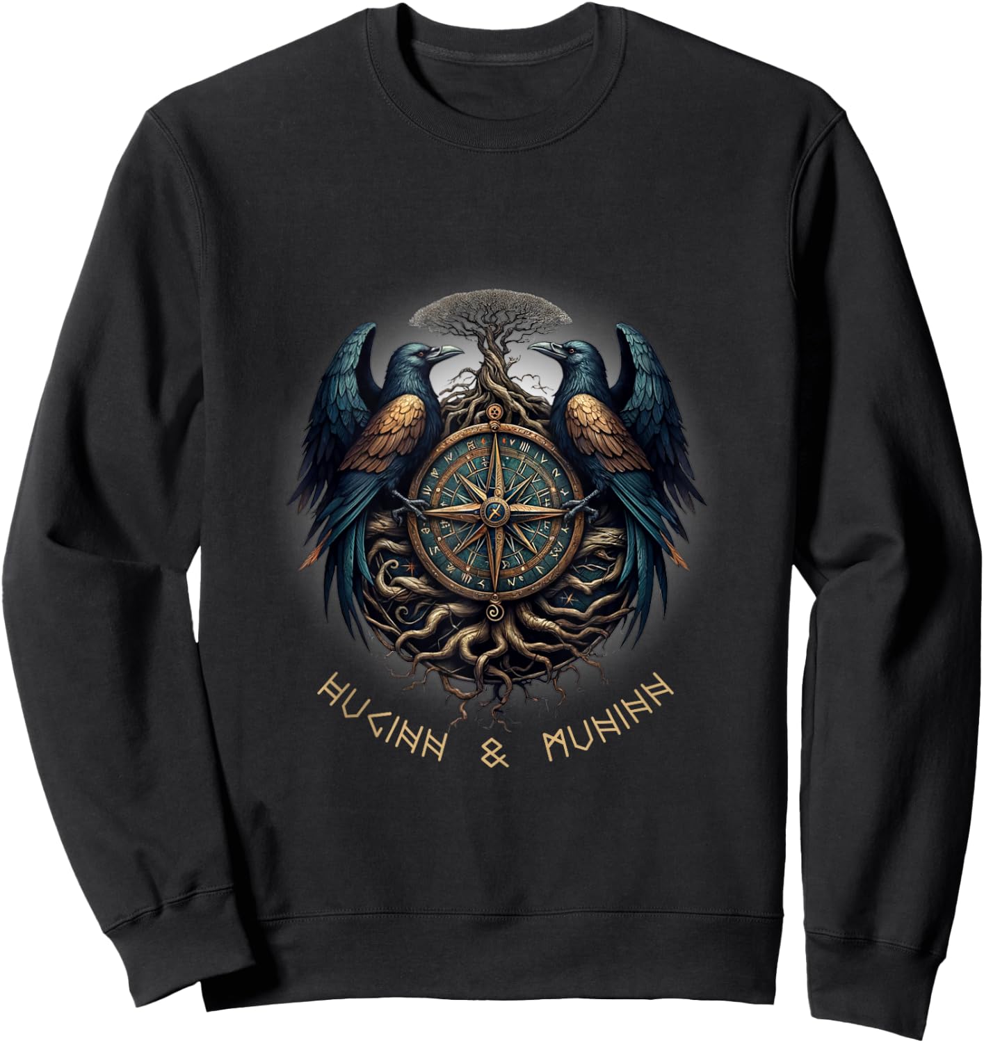 Odin Ravens Huginn & Muninn Vegvisir Vikings Myth Sweatshirt - Sweatshirt | Black