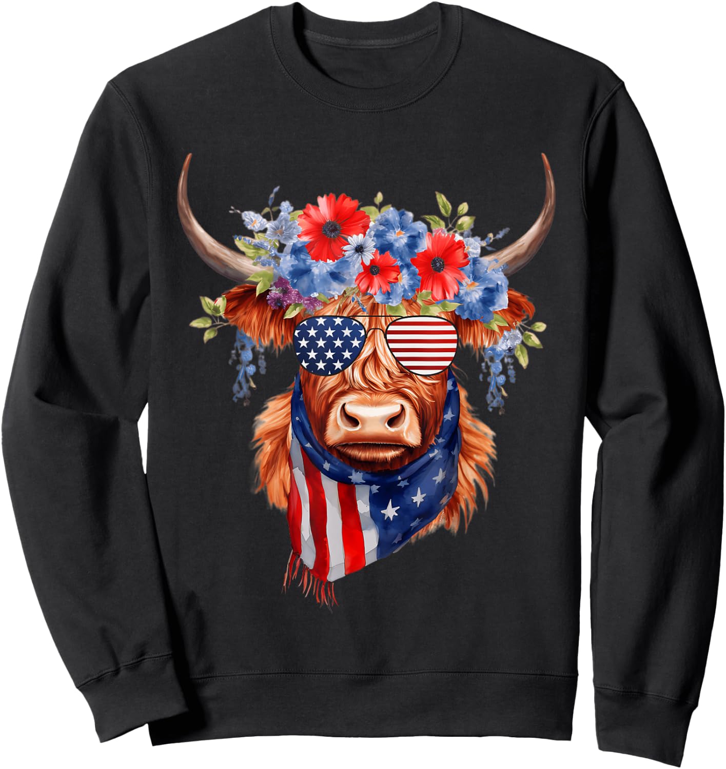4th Of July Highland Cow Heifer American Sunglasses Bandana Sweatshirt - Sweatshirt | Black