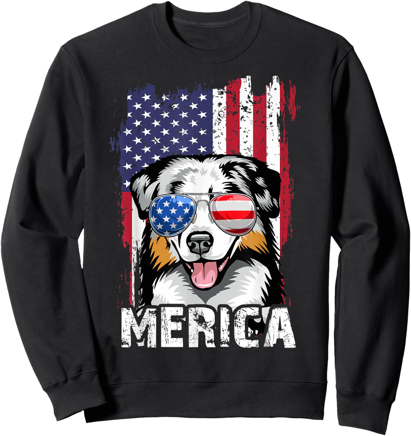 Merica Australian Shepherd 4th of July USA Flag Aussie Dog Kids Men Sweatshirt - Sweatshirt | Black