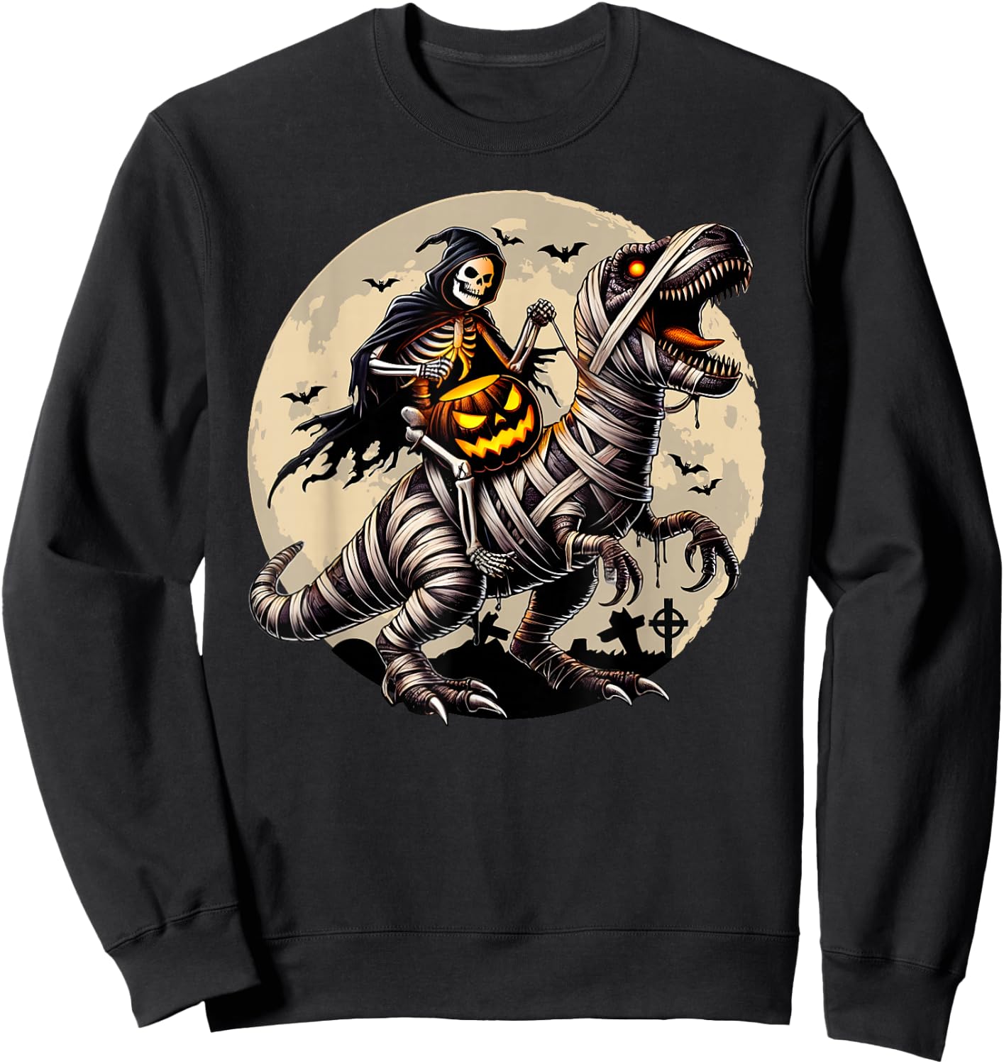Skeleton Riding Mummy Dinosaur T Rex Pumpkin Funny Halloween Sweatshirt - Sweatshirt | Black