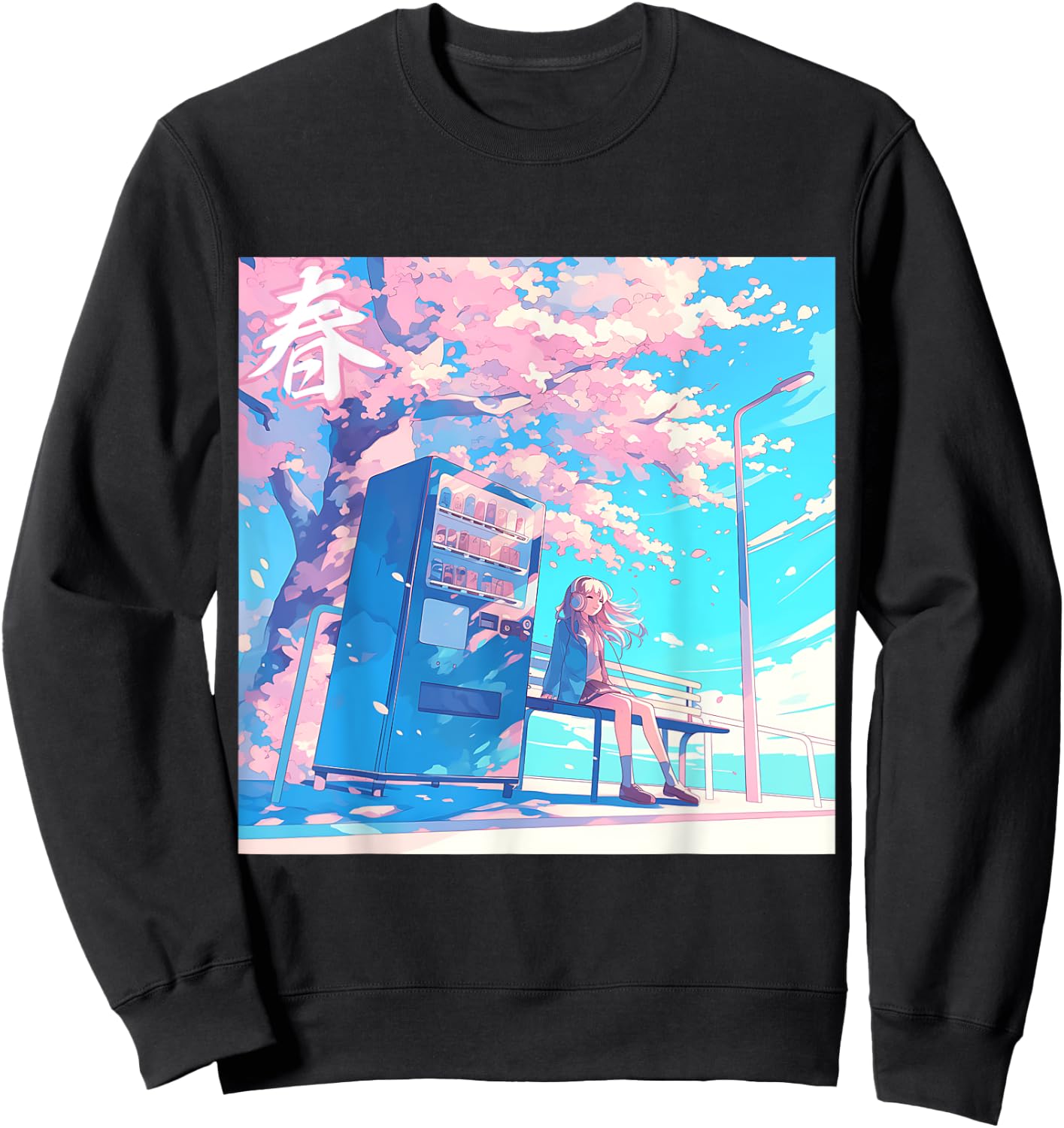 Spring Girl Under Cherry Blossom Tree Otaku Lofi Aesthetic Sweatshirt - Sweatshirt | Black