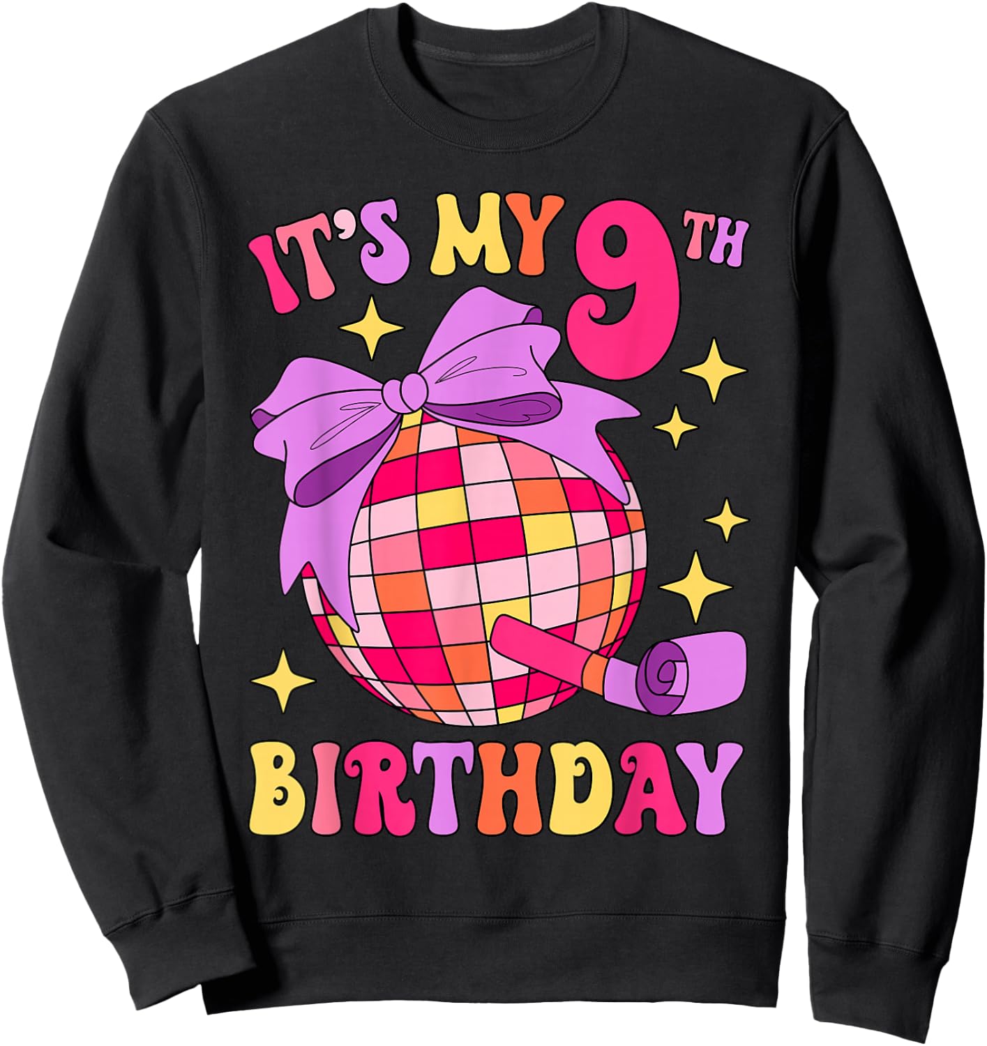 It's My 9th Birthday Disco Bow Party 9 Years Old Kids Girls Sweatshirt - Sweatshirt | Black