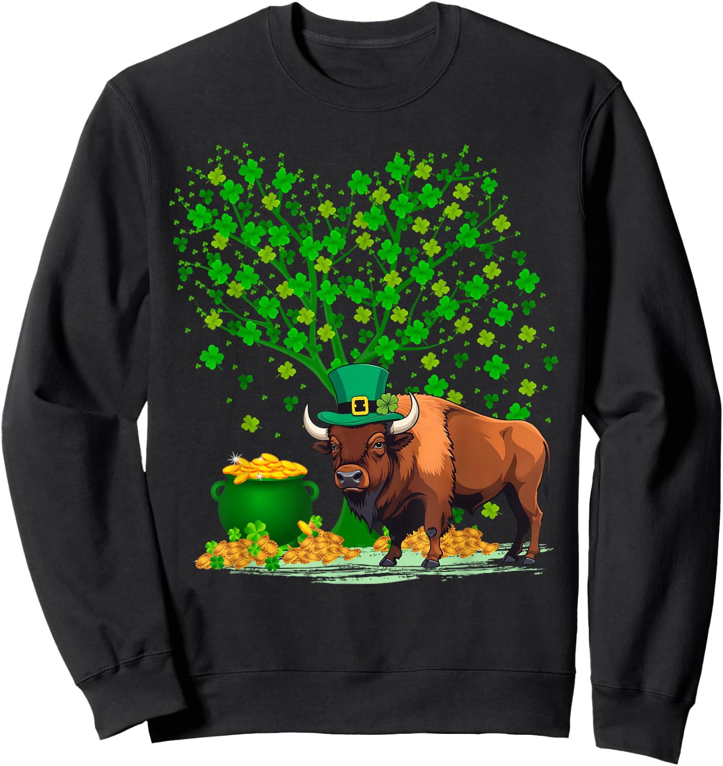 Shamrock Tree Leprechaun Hat Bison St Patrick's Day Sweatshirt - Sweatshirt | Black
