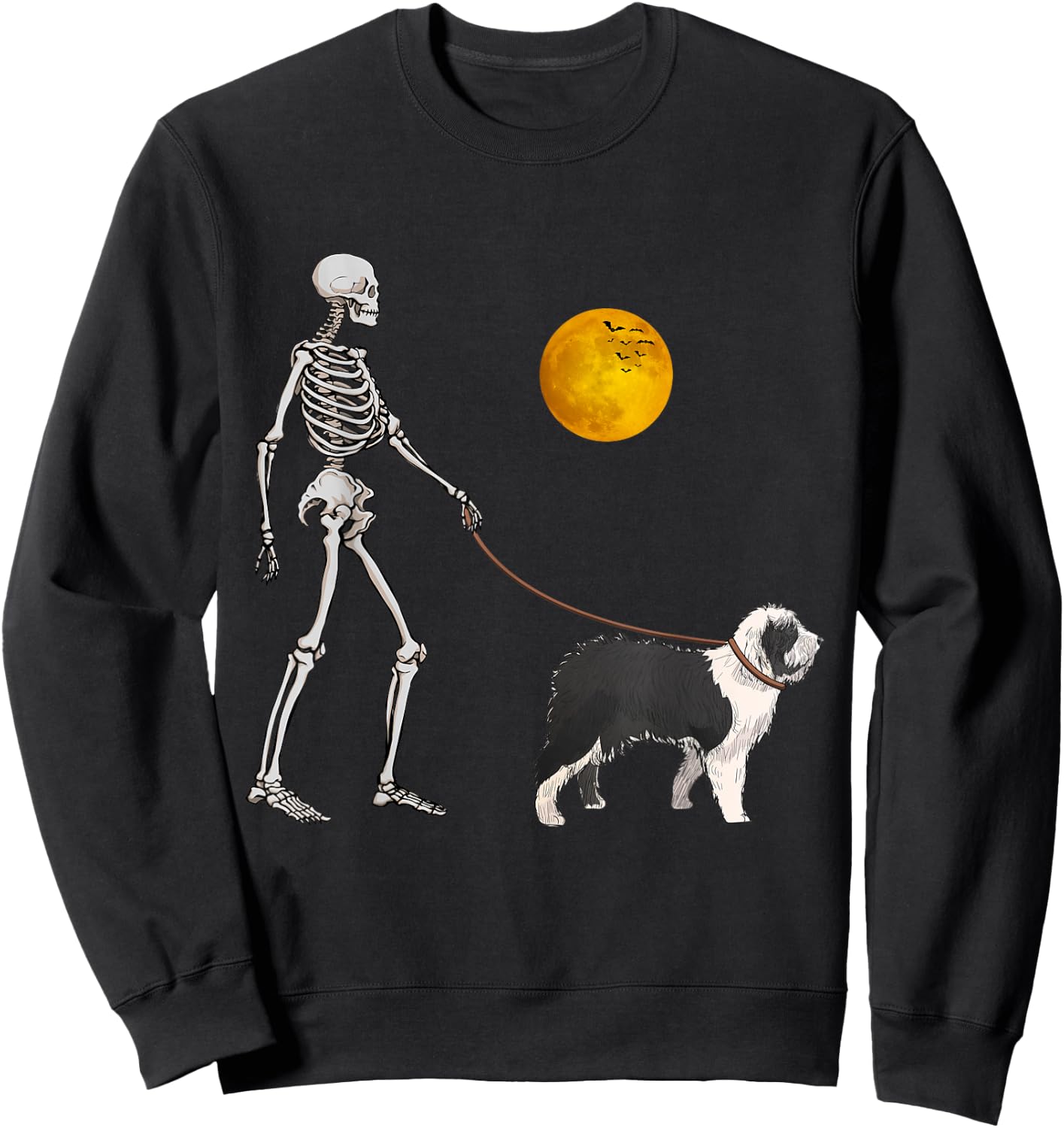 Old English Sheepdog Skeleton Dog Walking Halloween Costume Sweatshirt - Sweatshirt | Black
