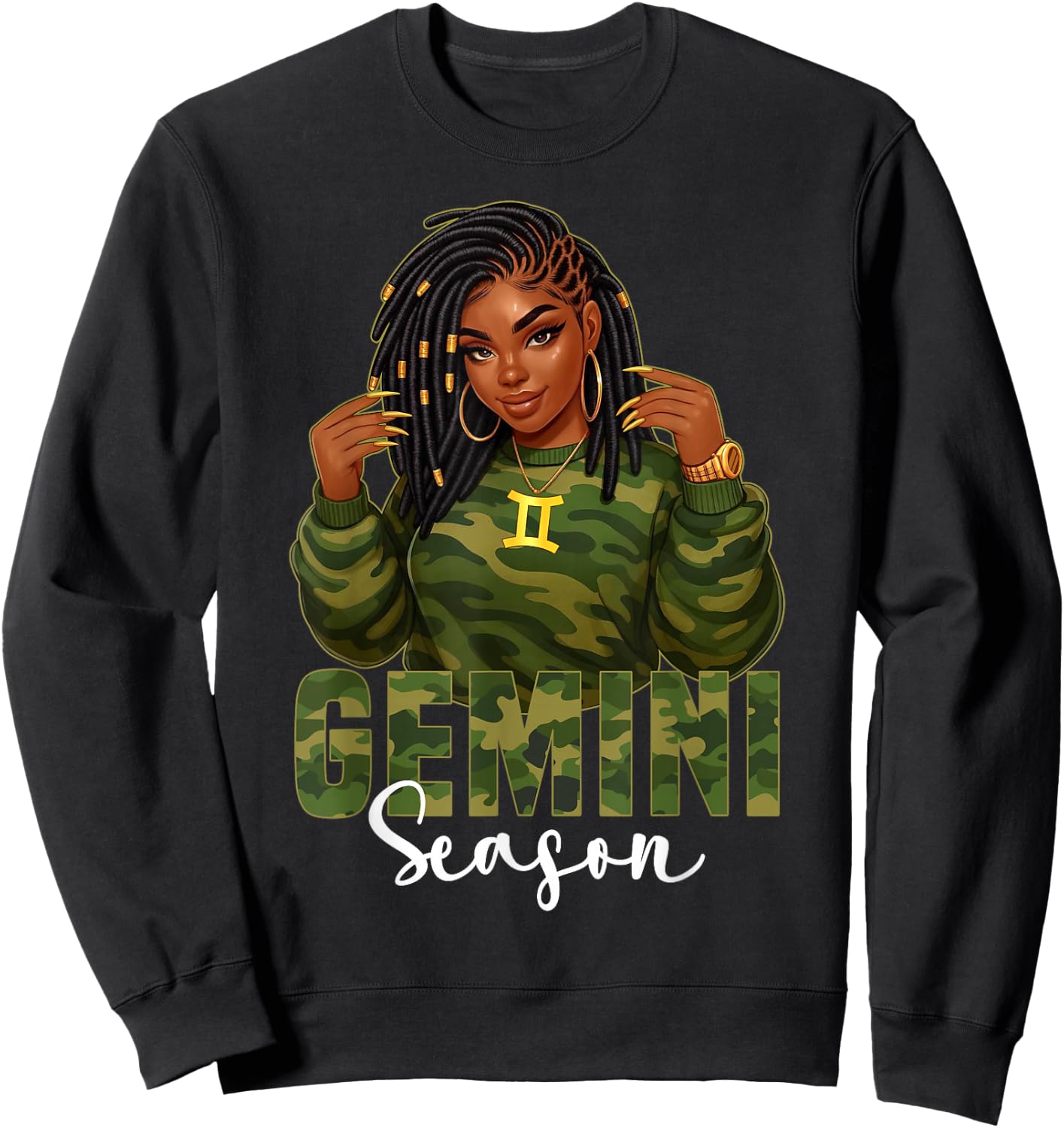 Gemini Season Loc'd Black Woman Camo Zodiac Sign Sweatshirt - Sweatshirt | Black