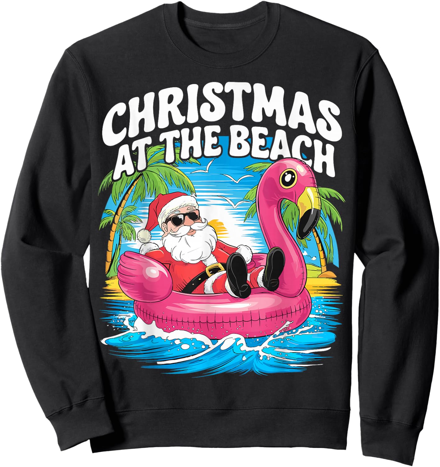 Flamingo Float Santa Claus Christmas At The Beach Sweatshirt - Sweatshirt | Black