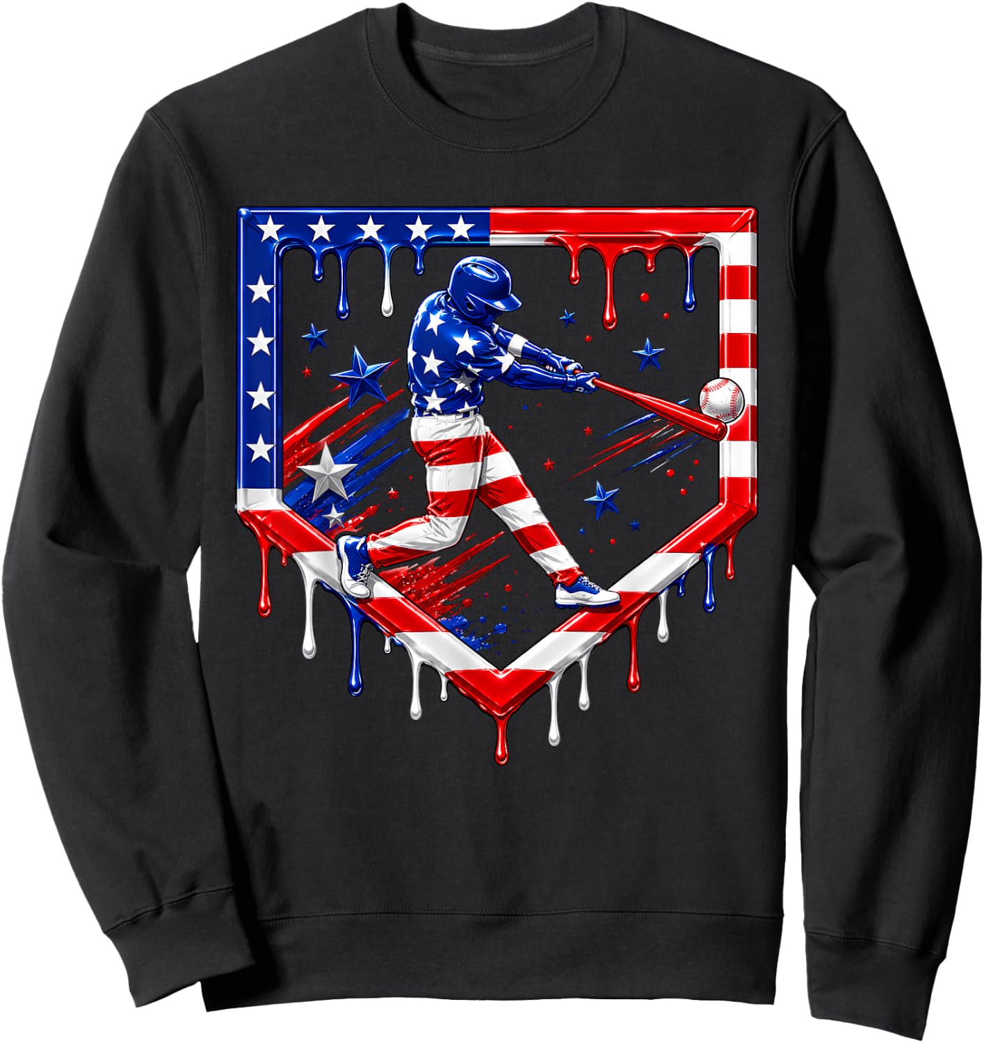 Baseball Drip Ice Cream USA Flag 4th of July Boys Youth Kids Sweatshirt - Sweatshirt | Black