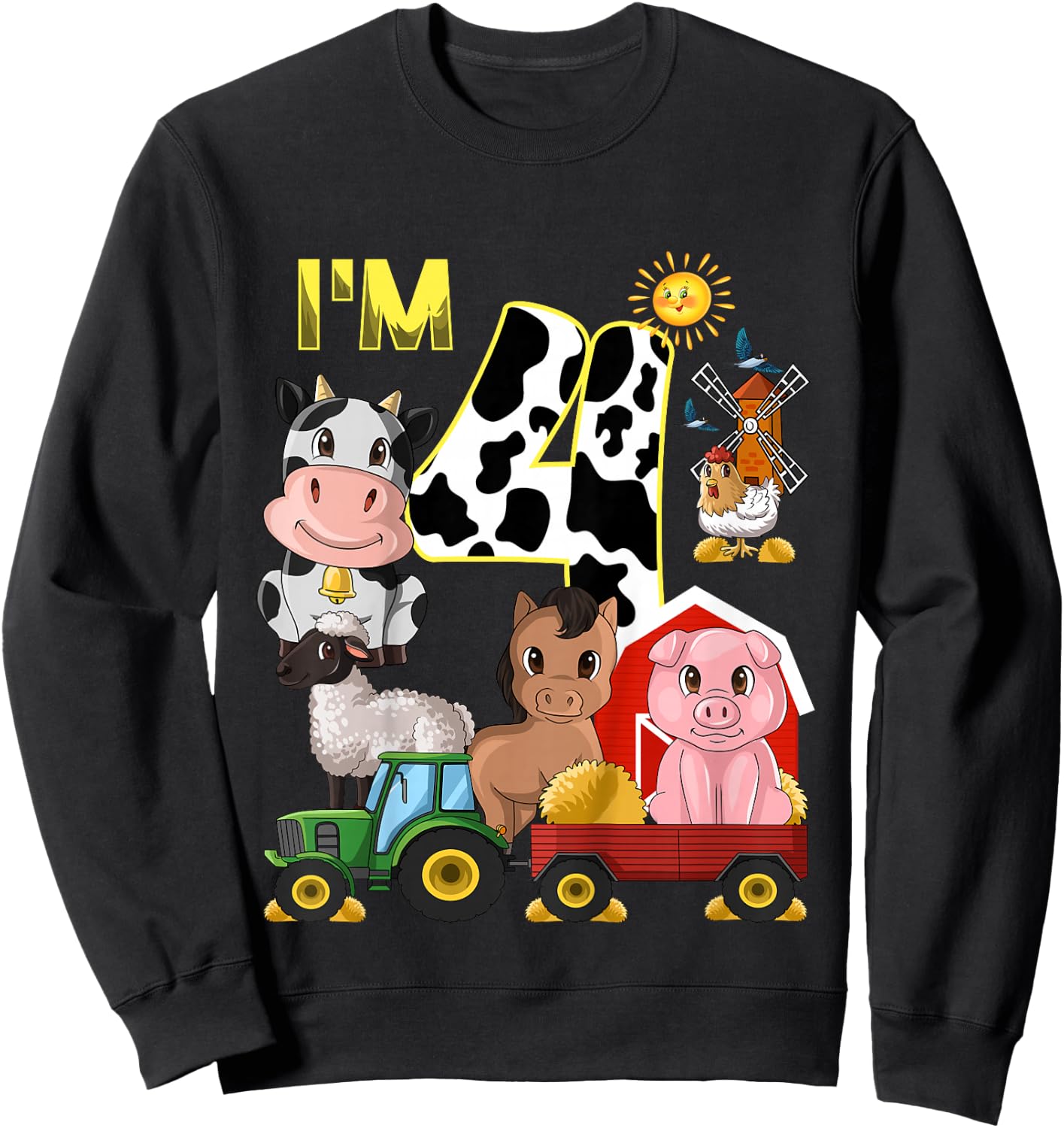 Kids Farm Animals Tractor 4th Birthday 4 Year Old Birthday Party Sweatshirt - Sweatshirt | Black