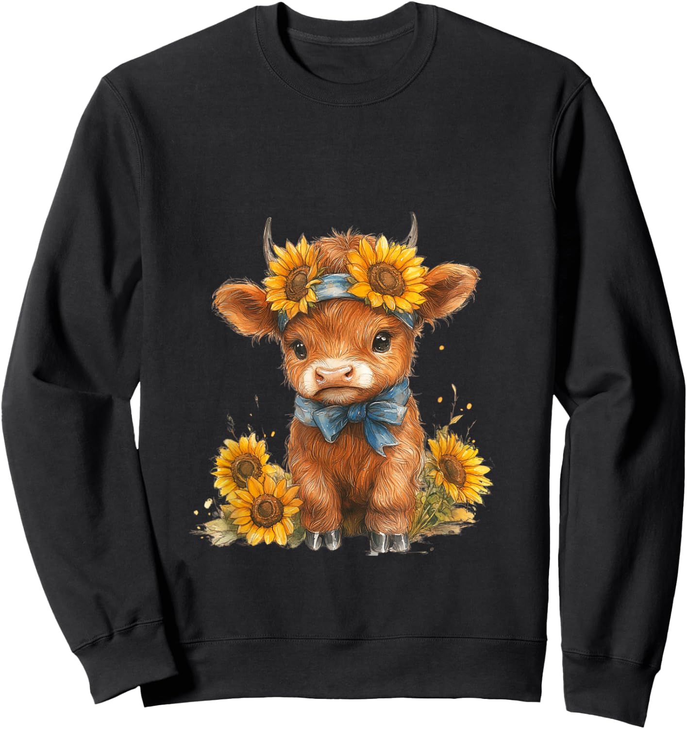 Cute Highland cow with sunflowers country Heifer Farm Farmer Sweatshirt - Sweatshirt | Black