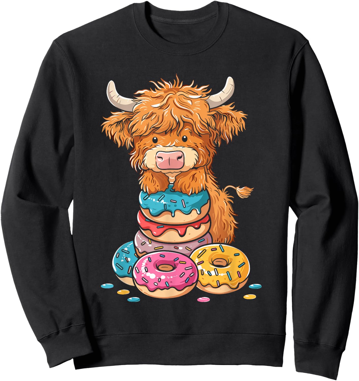 Donut Lover Cute Highland Cow Sprinkle Doughnut Sweatshirt - Sweatshirt | Black