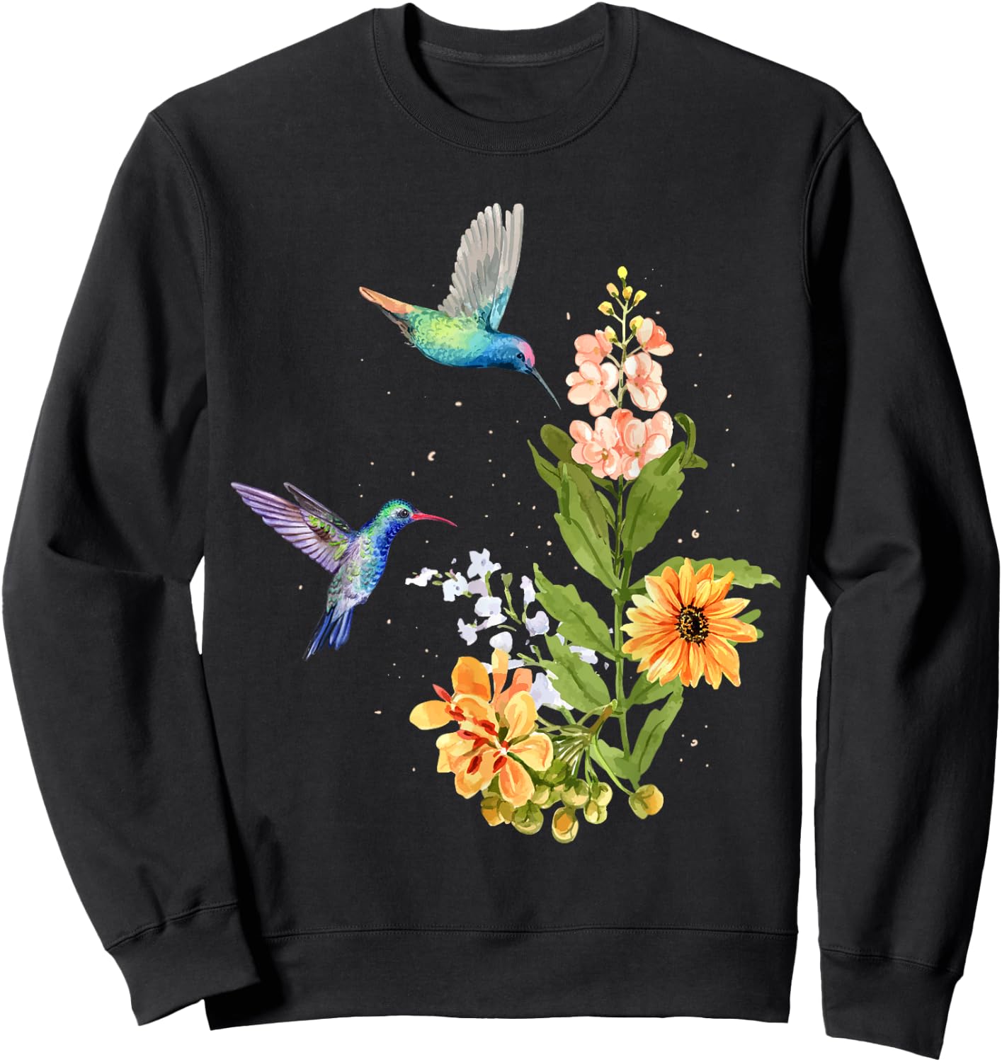 Hummingbird and Flower Watercolor Art Design Bird Sweatshirt - Sweatshirt | Black