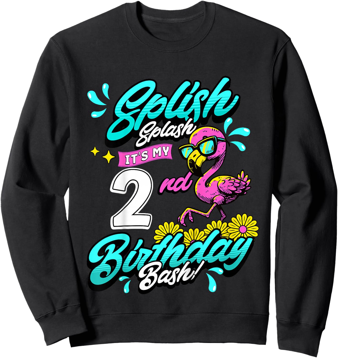 Kids Splish Splash 2nd Birthday Flamingo Pool Party 2 Years Old Sweatshirt - Sweatshirt | Black