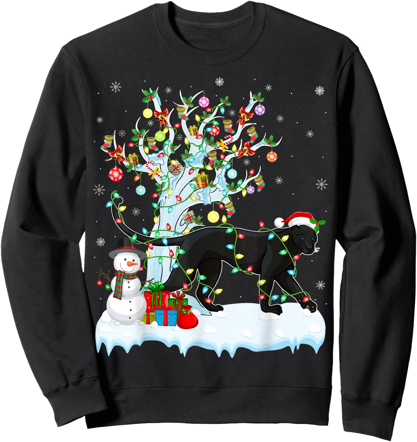 Panther Xmas Lighting Tree Santa Hat Panther Christmas Sweatshirt - Sweatshirt | Black