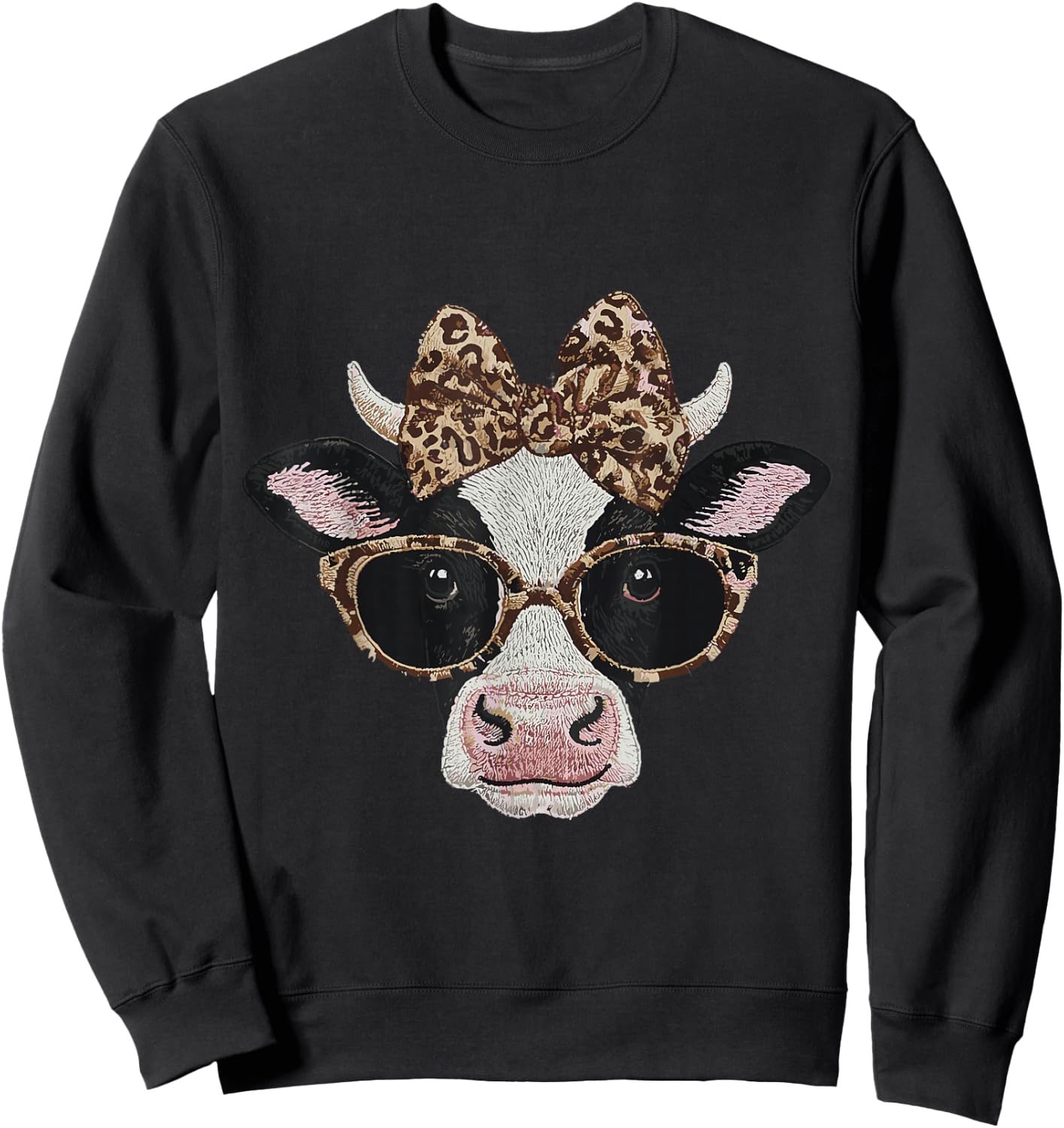 Cute Nerdy Leopard Bow Cow Funny Farm Animal Women Sweatshirt - Sweatshirt | Black