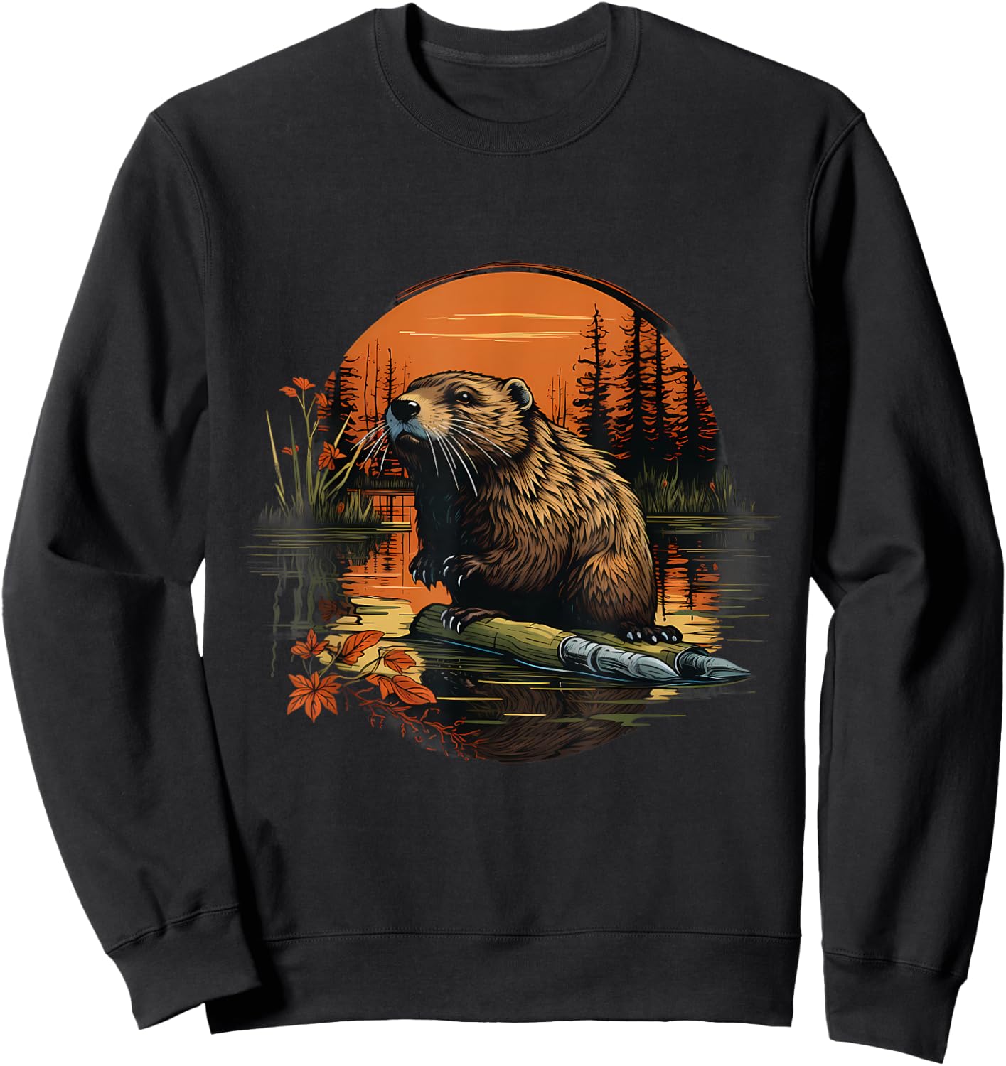 Beaver Forest Landscape Artwork Animal Art Nature Wildlife Sweatshirt - Sweatshirt | Black