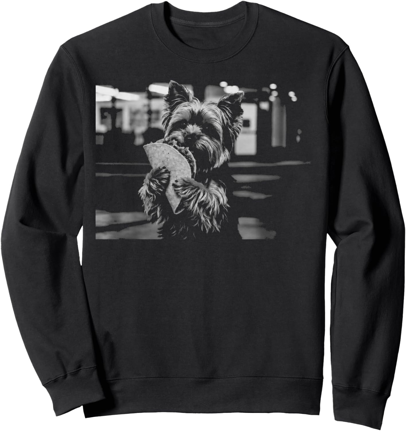 Yorkie Eating Taco Lover Graphic Funny Retro Dog Meme Sweatshirt - Sweatshirt | Black