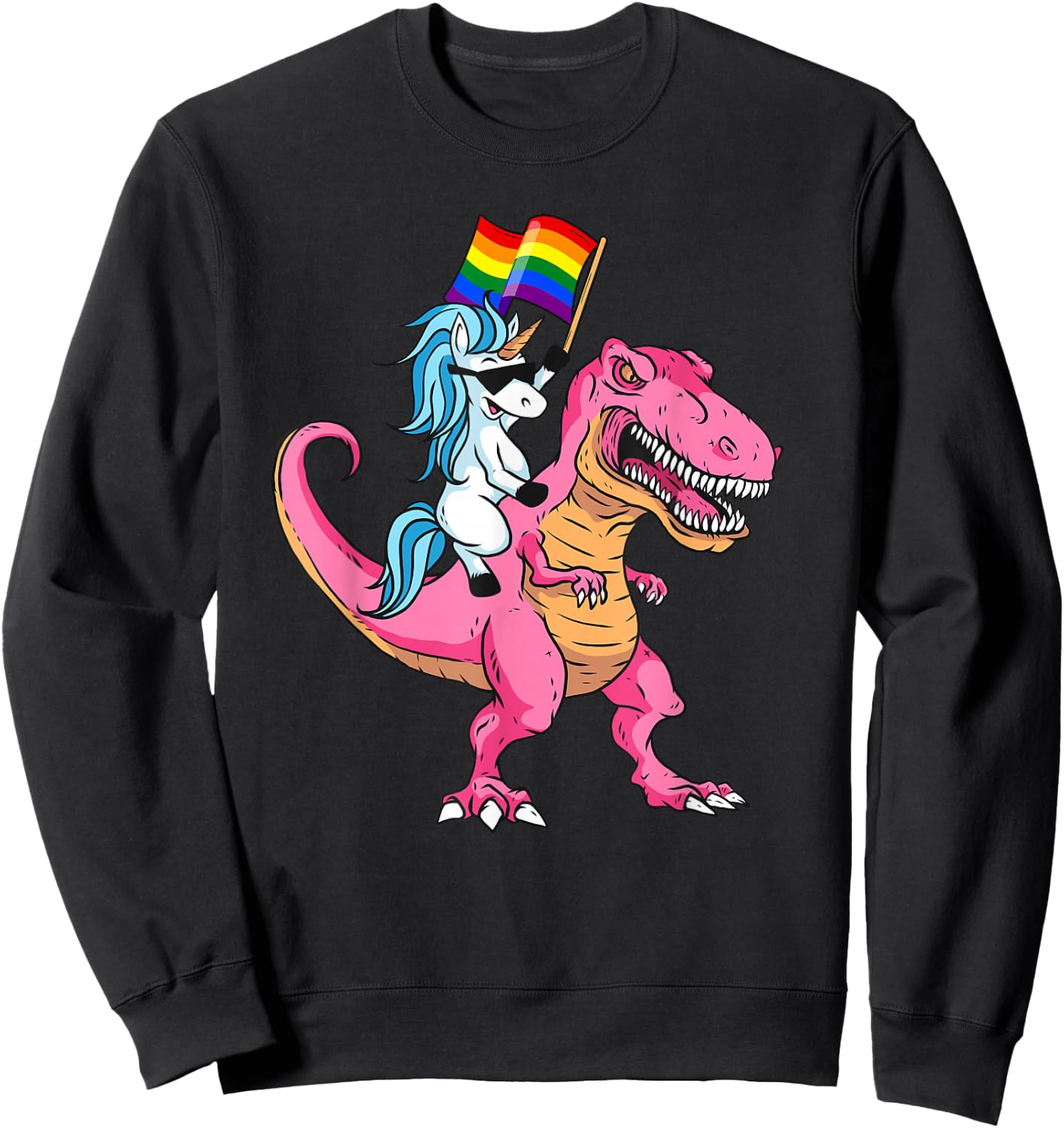 Unicorn Riding Dinosaur Pride Flag LGBTQ Lesbian Gay Pride Sweatshirt - Sweatshirt | Black