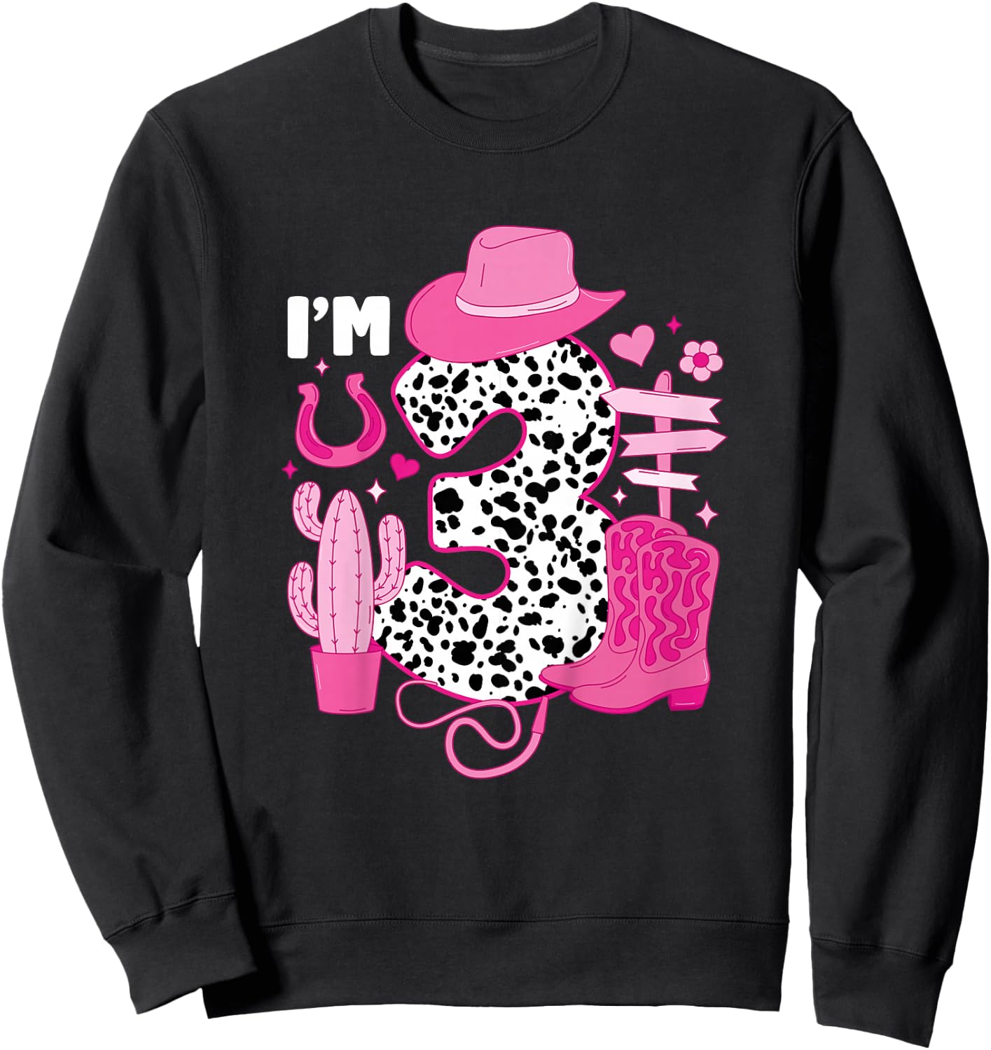 Kids 3rd Birthday Cowgirl Three Year Old Cow Girl Birthday Party Sweatshirt - Sweatshirt | Black