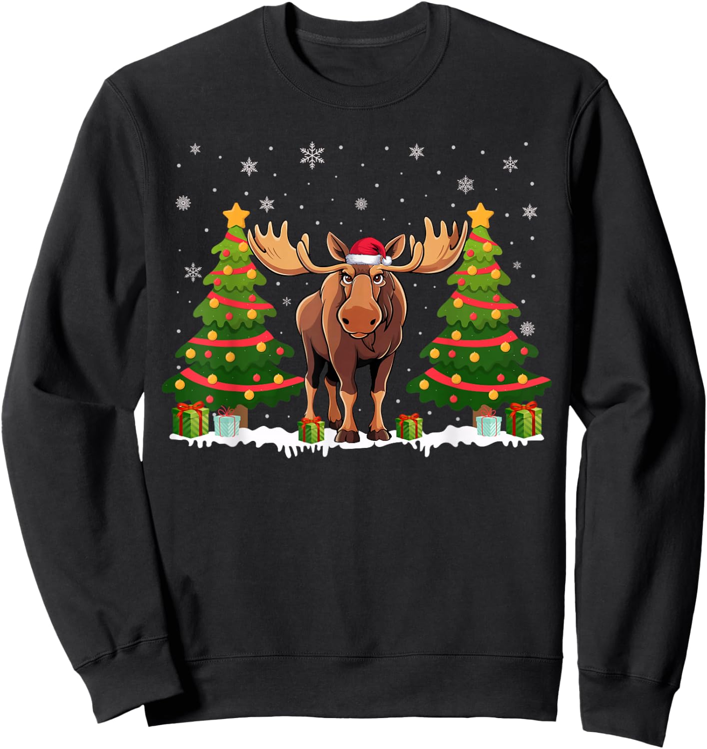 Xmas Tree Lights Moose Santa Hat Christmas Sweater Sweatshirt - Sweatshirt | Black