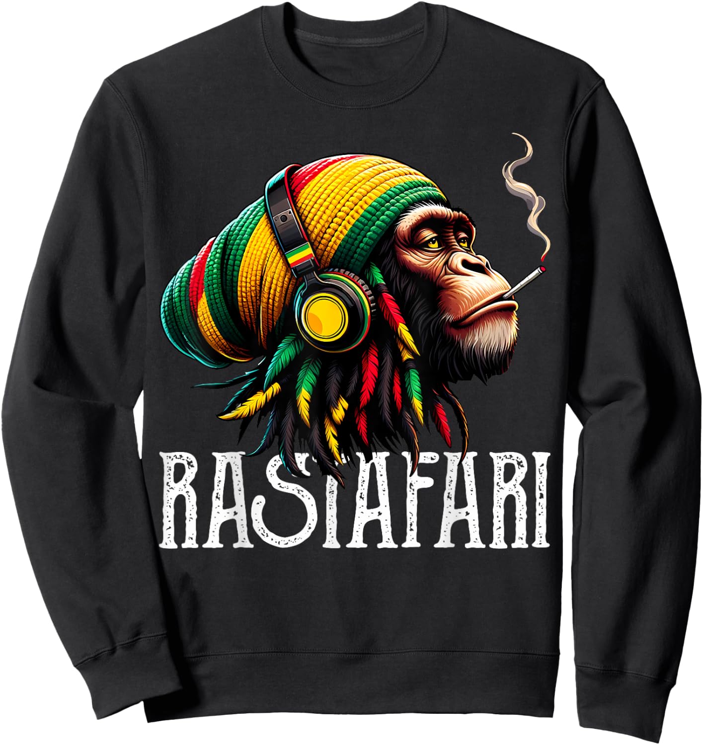 Jamaican Roots Reggae Chimpanzee Headphones Rastafari Sweatshirt - Sweatshirt | Black