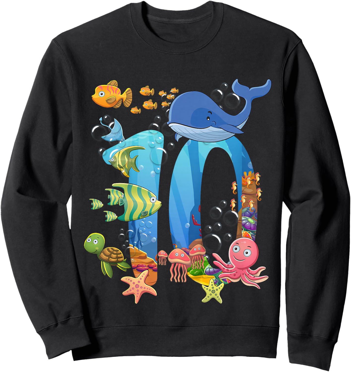 10 Years Old Sea Fish Ocean Animal 10th Birthday Boy Girl Sweatshirt - Sweatshirt | Black