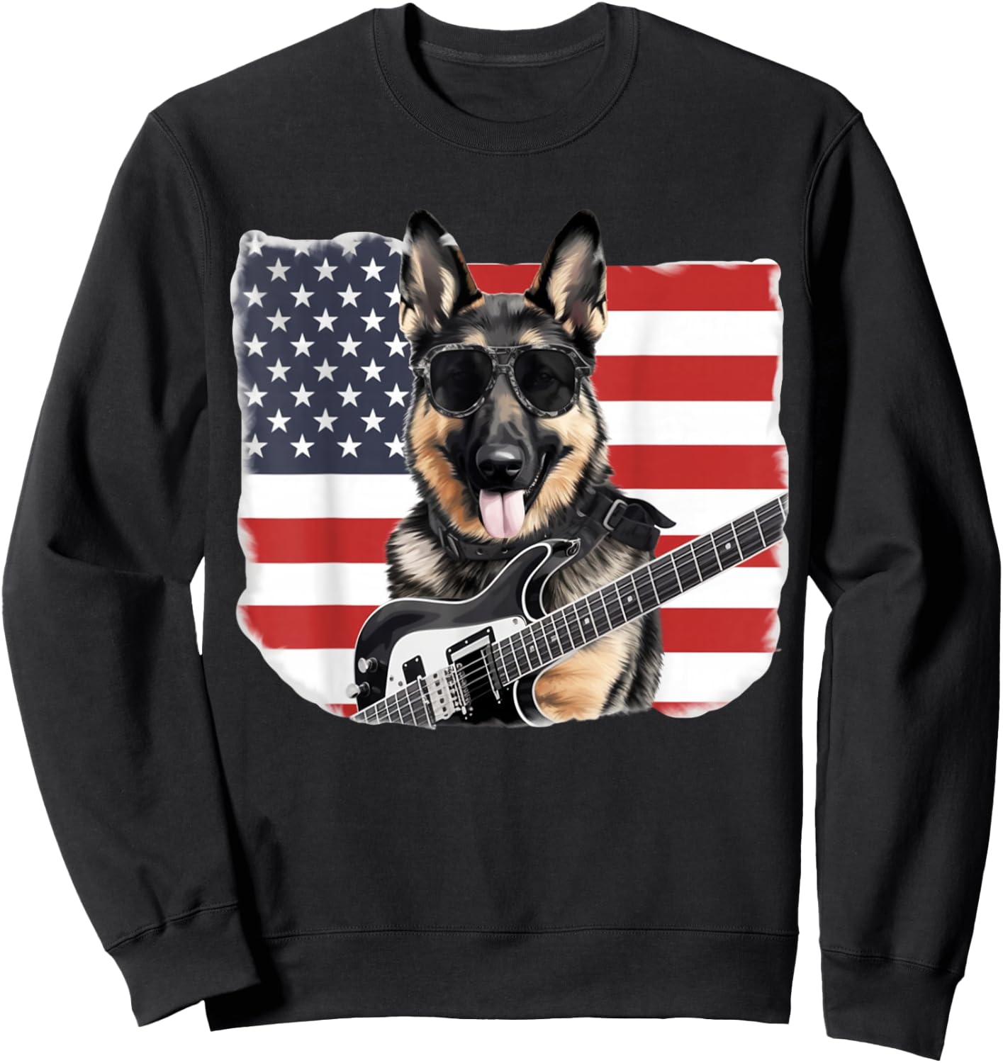Sunglasses German Shepherd Guitar Rock & Roll American Flag Sweatshirt - Sweatshirt | Black