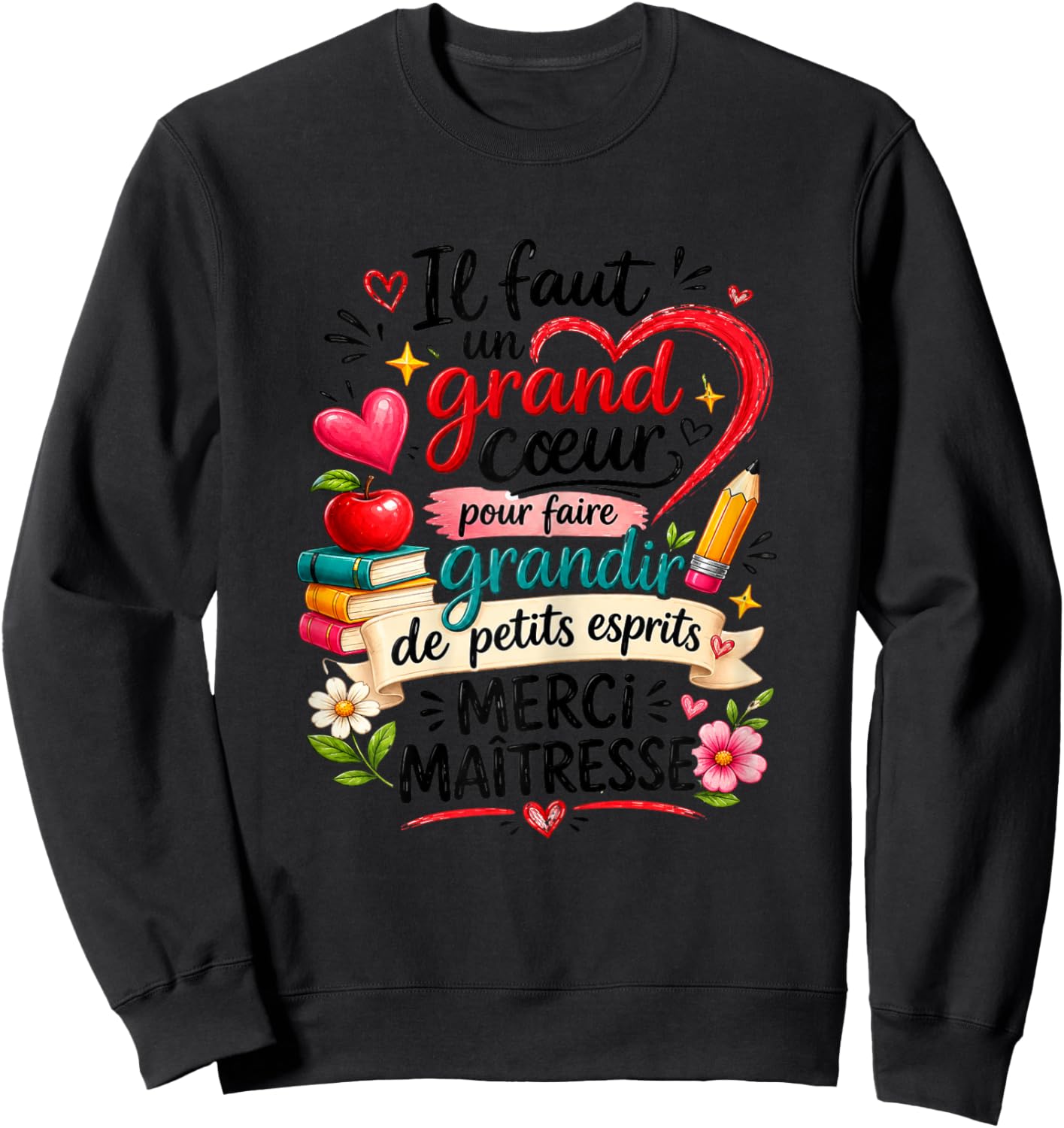 Cadeau Maîtresse d'École Fin d'Année Cœur Merci Original Sweatshirt - Sweatshirt | Black
